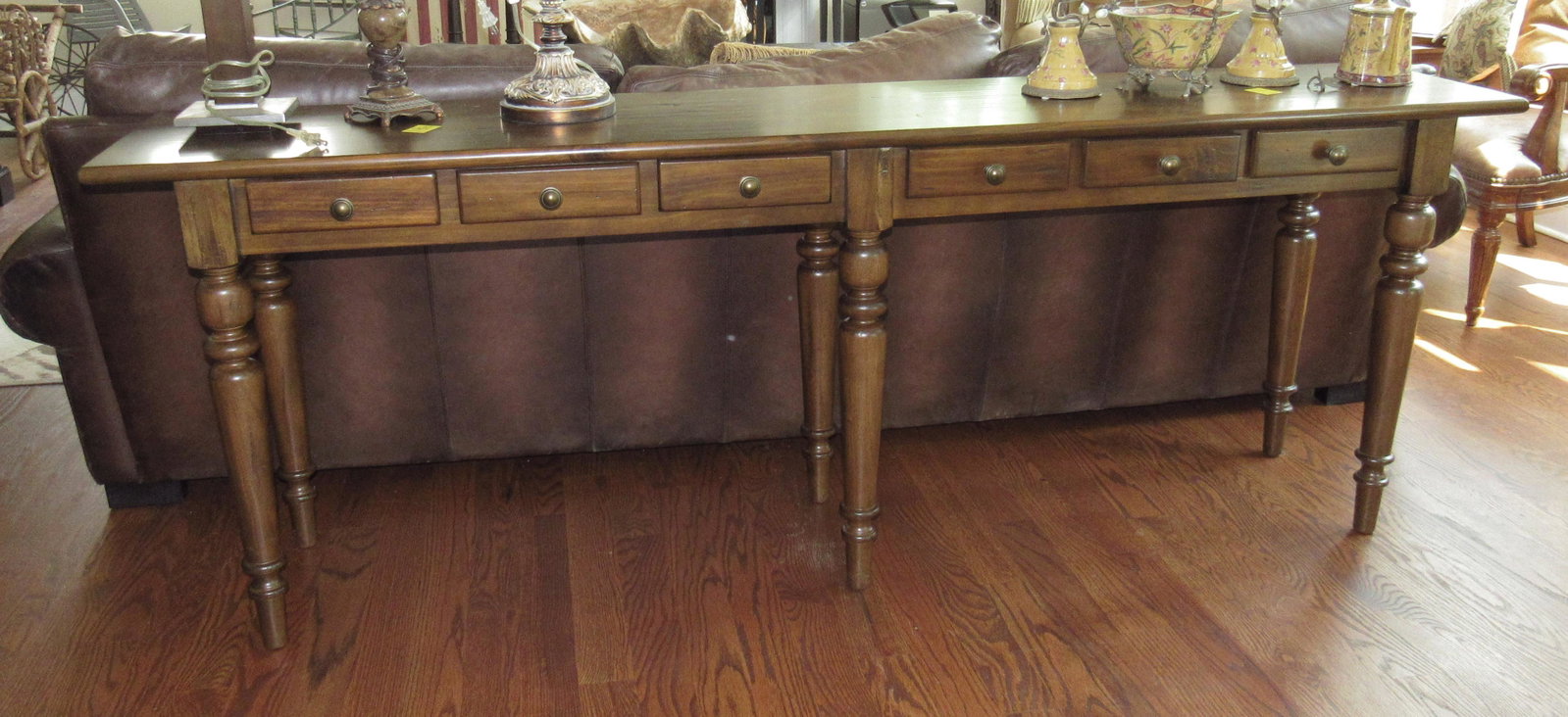 Pottery Barn 6 Drawer Sofa Console Table: Approx 16 1/2" x 84" x 30" tall. Does not include items on top