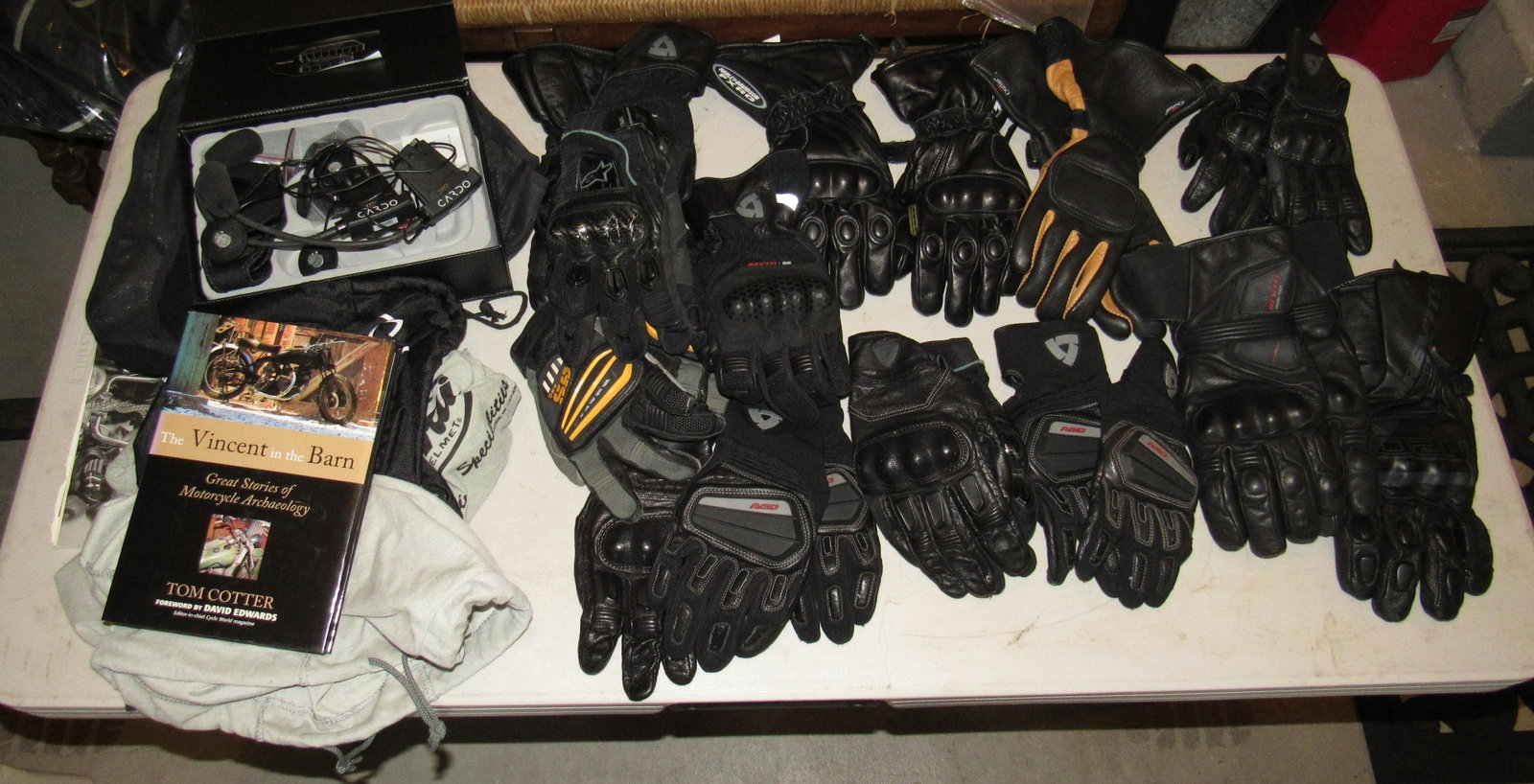 Large Lot of Motorcycle Gloves and Cardo: Getting all pictured on table