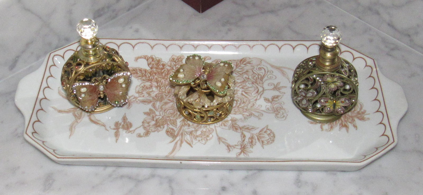 Perfume Bottles Trinket Box with Butterfly & Vanity: Perfume bottles are approx 4 1/2" tall
