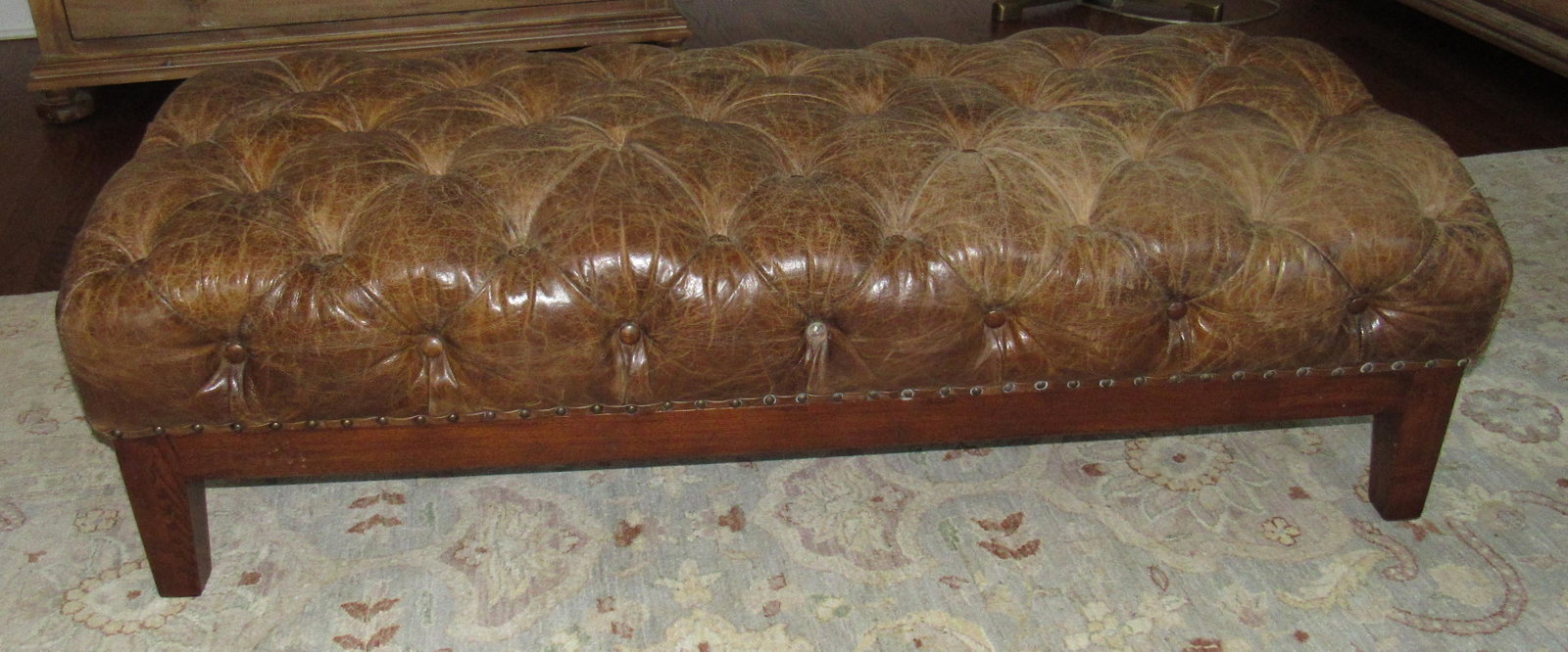 Chadwick Cuffed Leather Button Cocktail Bench: Approx 25" x 56" x 16" tall