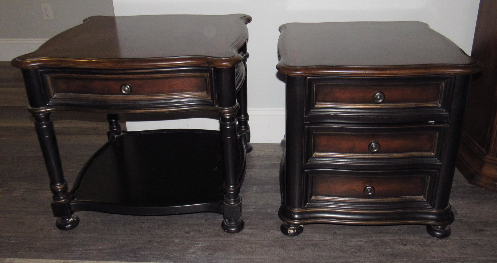 Oskar Huber End Tables: One on left is apprx 28" x 28" x 25 1/2" tall. Other one is apprx 24" x 27 1/2" x. 24 1/2" tall