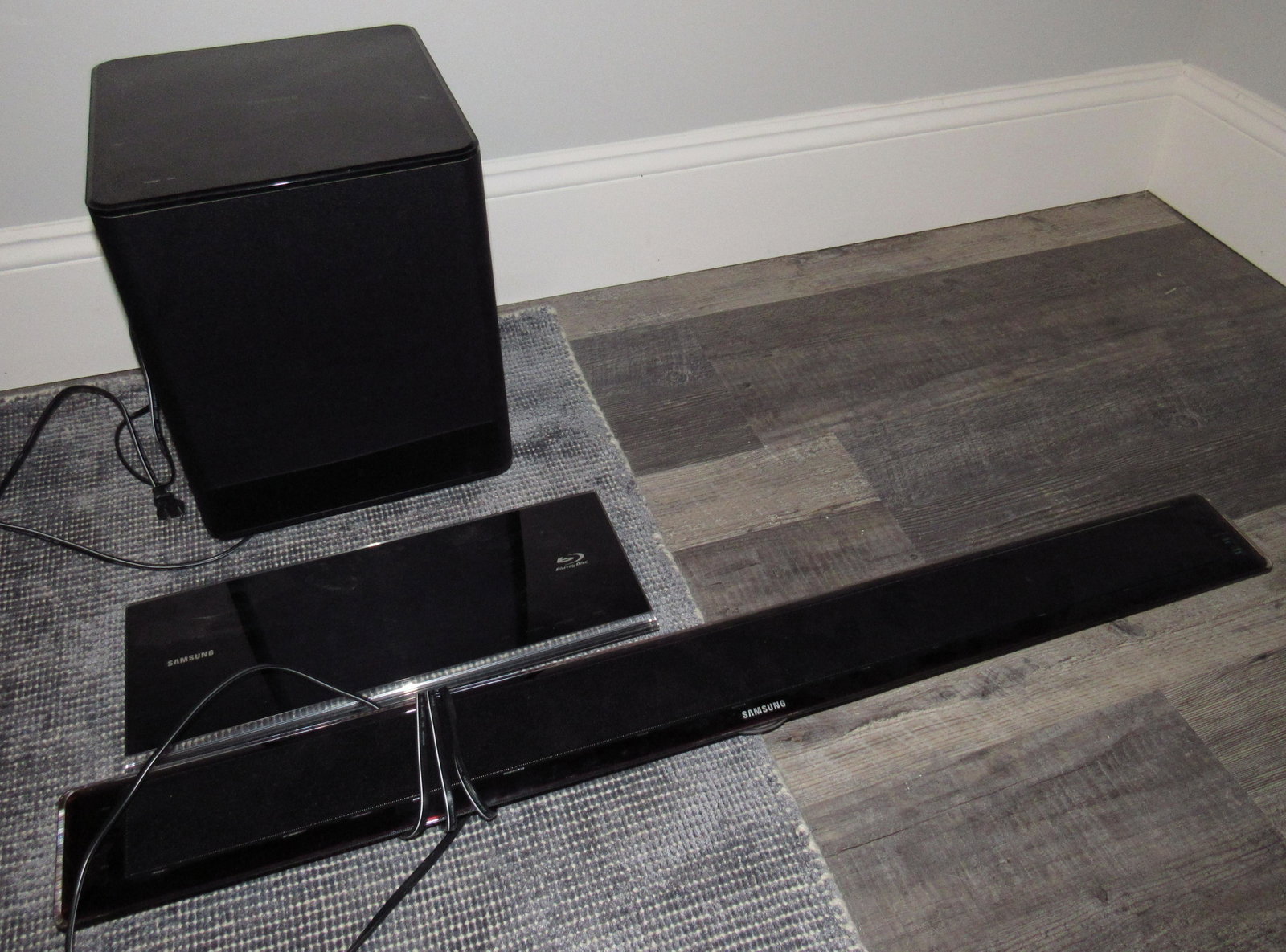 Samsung Speakers and Blue Ray: Speaker in the back is approx 11 1/2" x 11 1/2" x 14 1/2" tall