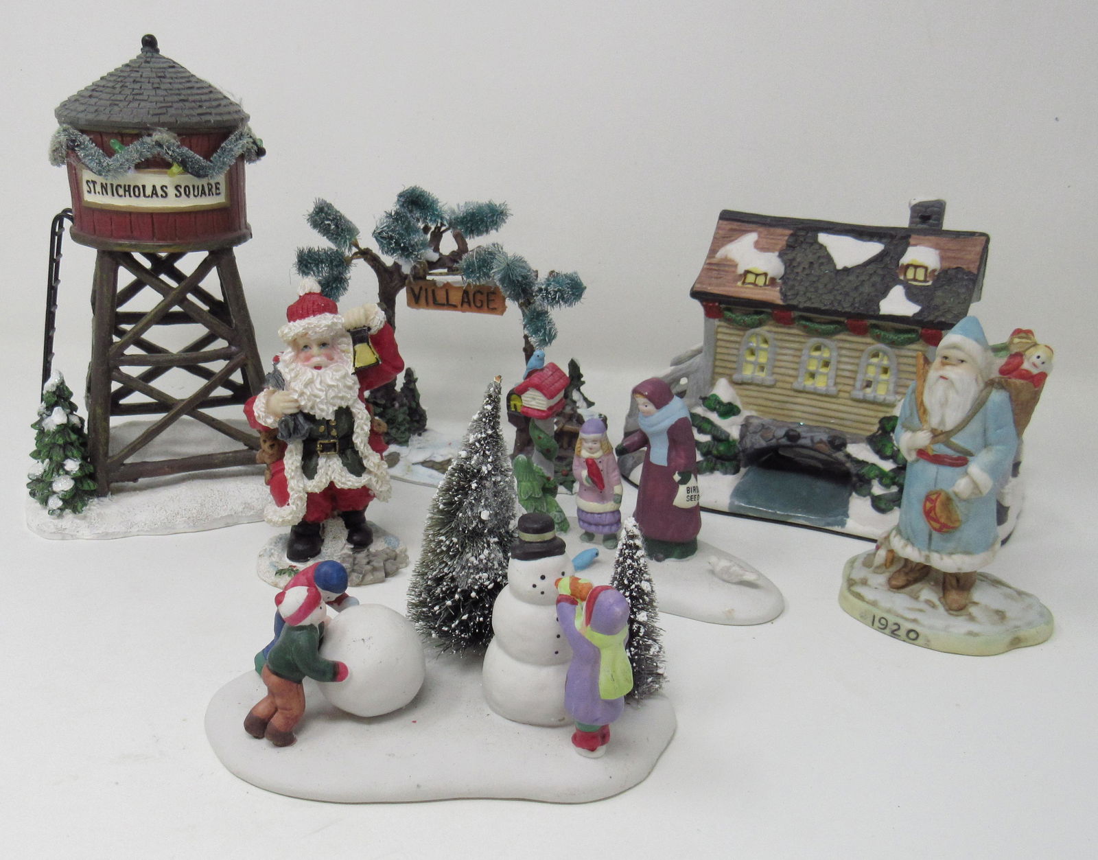 Christmas Figurines Water Tower Santa Snowman: Tallest is approx 7 1/4"