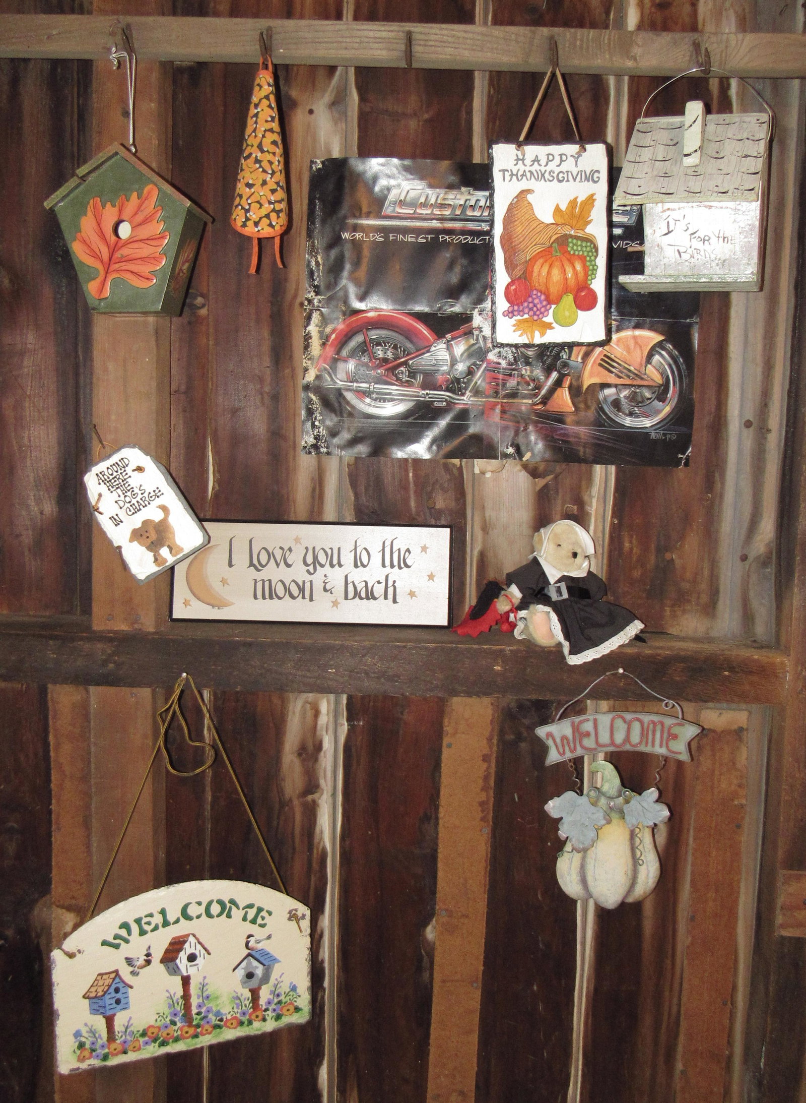 Arts & Crafts Signs Bird House: Lot includes everything pictured. "Welcome" sign is slate and approx 10" x 14" . Does not include meat hook on wall