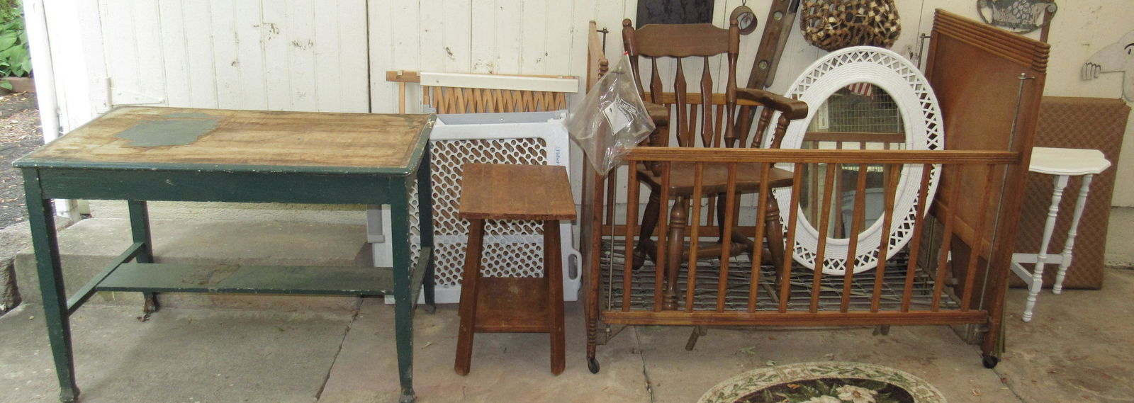 Crib Tables Chair Mirror & Misc: Lot includes everything pictured ( except for items hanging from wall, that are listed in the previous lot. ). Take what you want and leave the rest. Mirror frame is plastic.