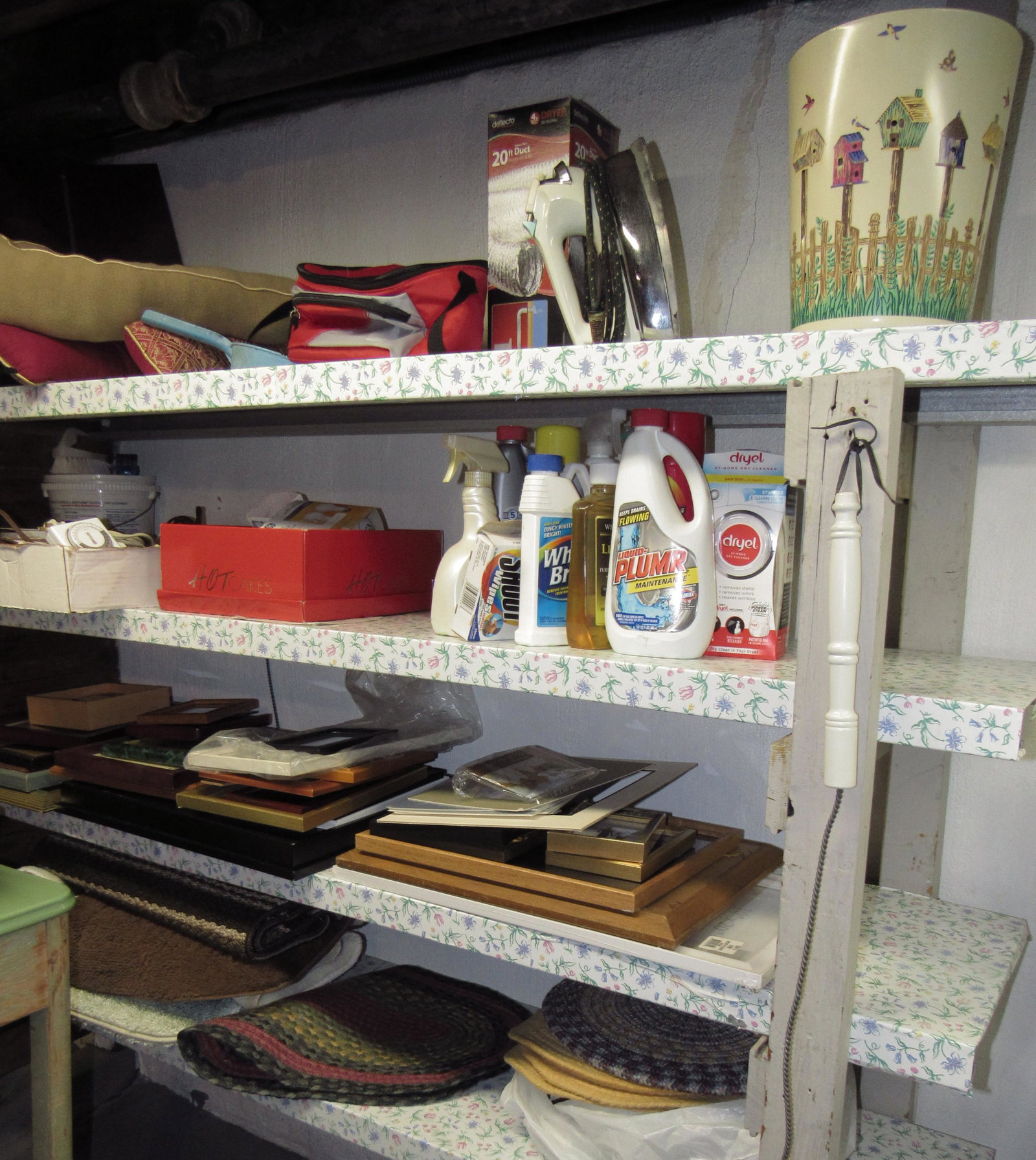 Picture Frames Mats Rugs Shelf Contents: Lot includes everything on the shelves. Take what you want and leave the rest.