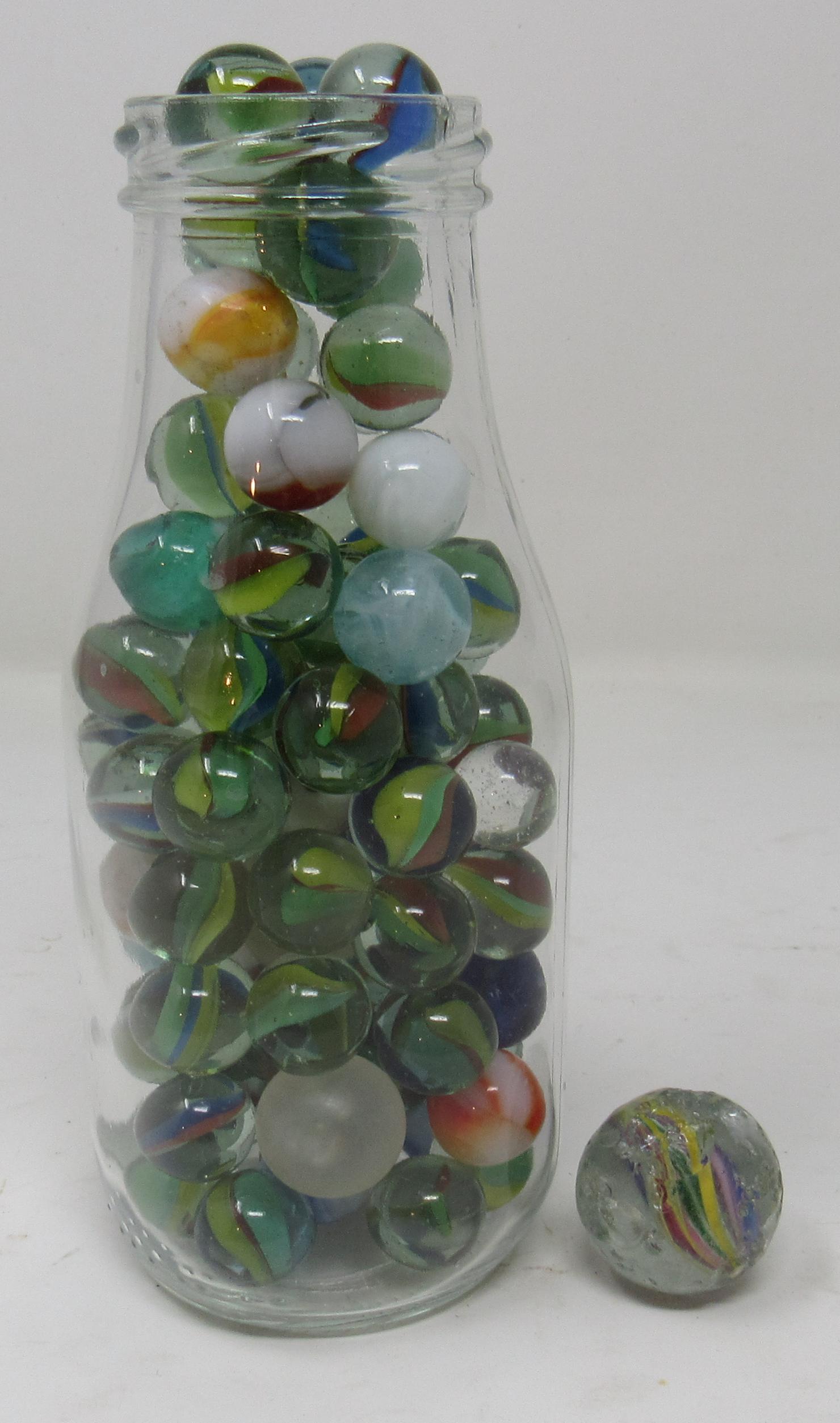 Bottle with Marbles: Bottle is approx 2 1/2" in diameter and 6" tall