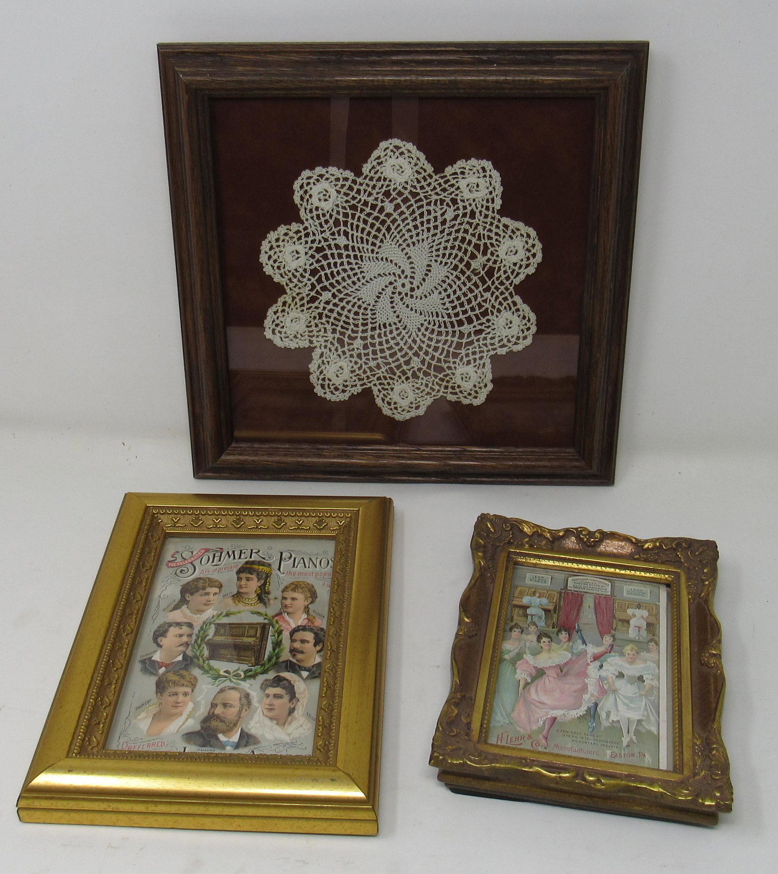 Framed Doilie and Piano Cards: Largest piano card is apprx 6" x 8"
