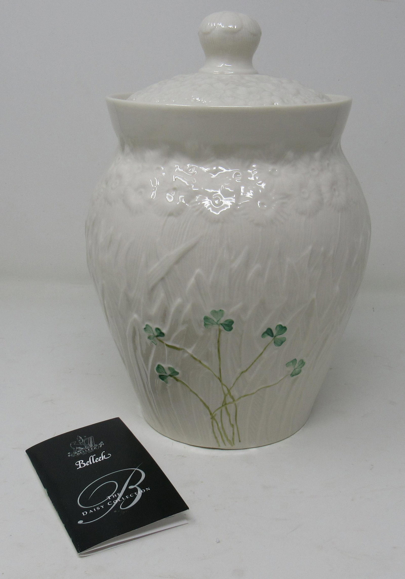 Belleek Daisy Biscuit Jar: Approx 6 1/2" in diameter and 10 1/2" tall