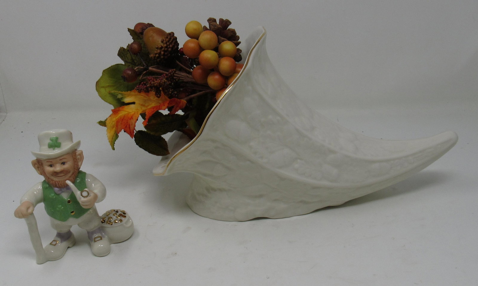 Lenox Cornucopia and Leprechaun: Cornucopia is approx 12" long and 7" tall