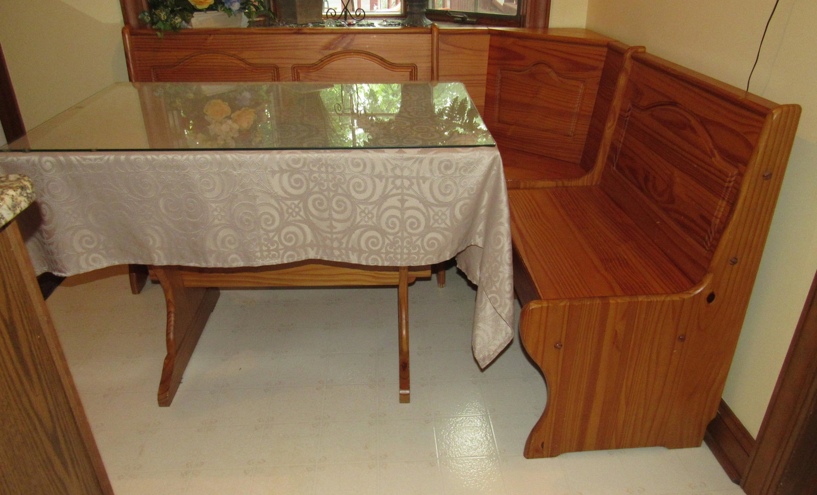 Pine Kitchen Corner "L" Bench and Table: Table is approx 27" x 43" x 30" tall. Bench is approx 20 1/2" deep x 52" long one way and 68" long the other