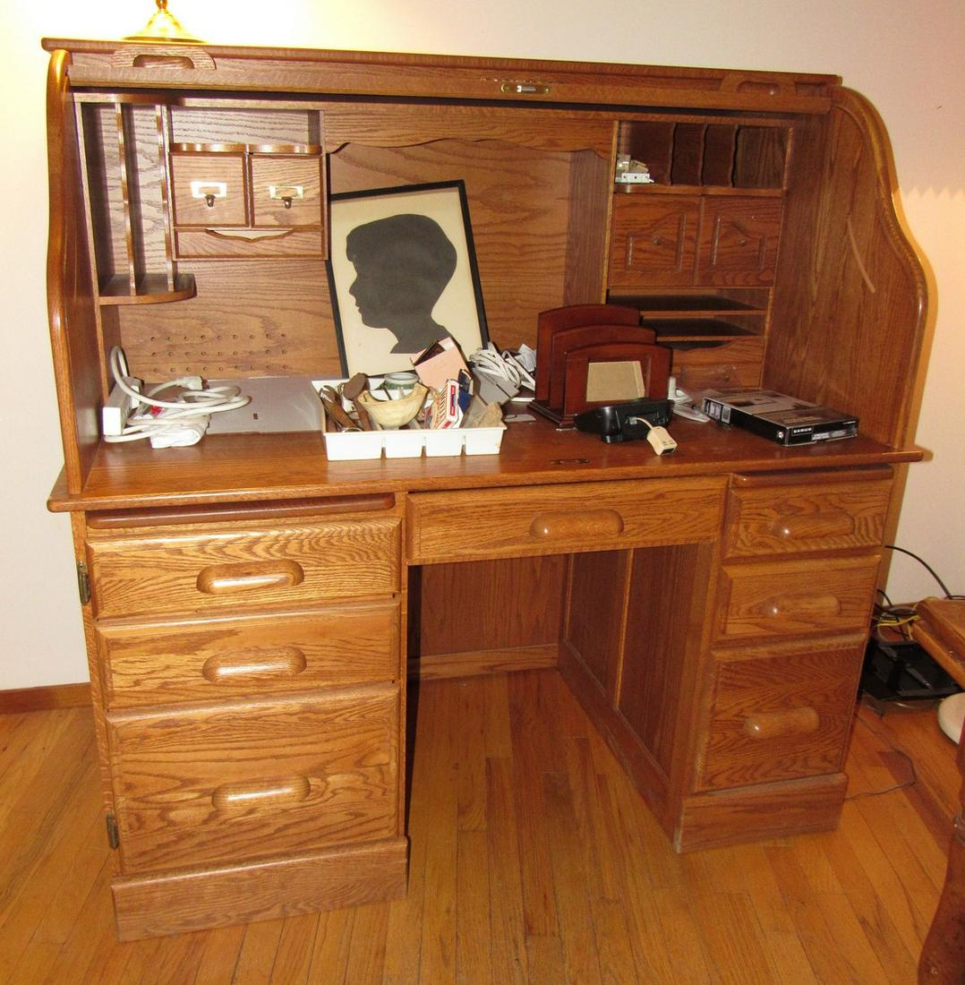 Roll Top Desk: Approx 29" x 54" x 54" tall. Comes with everything in and on it