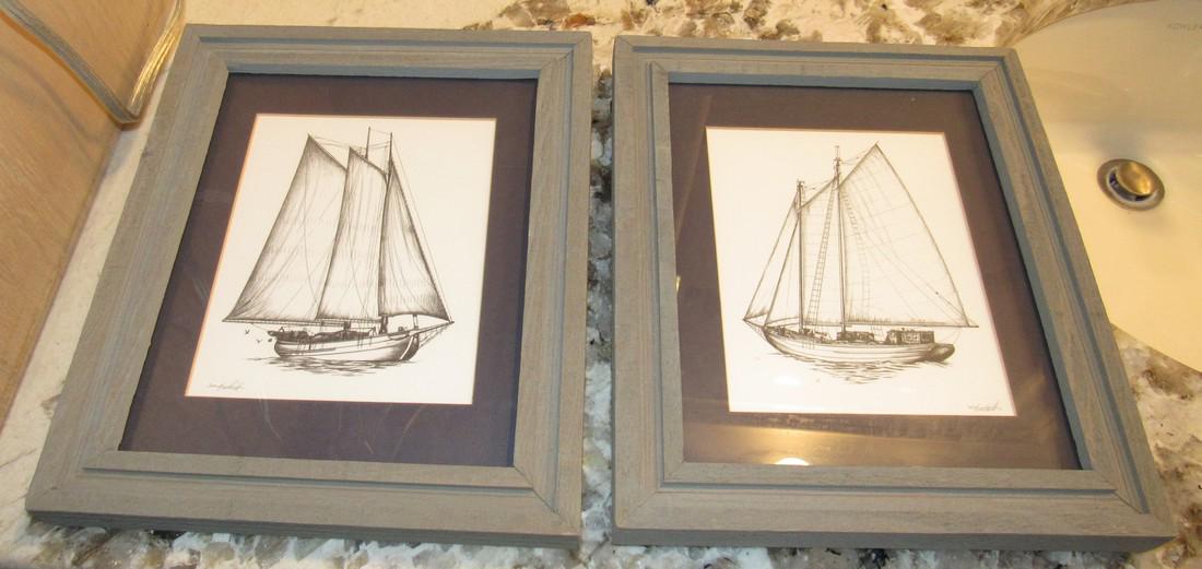 Signed Sailboat Drawings: Approx 9 3/4" x 11 1/2"