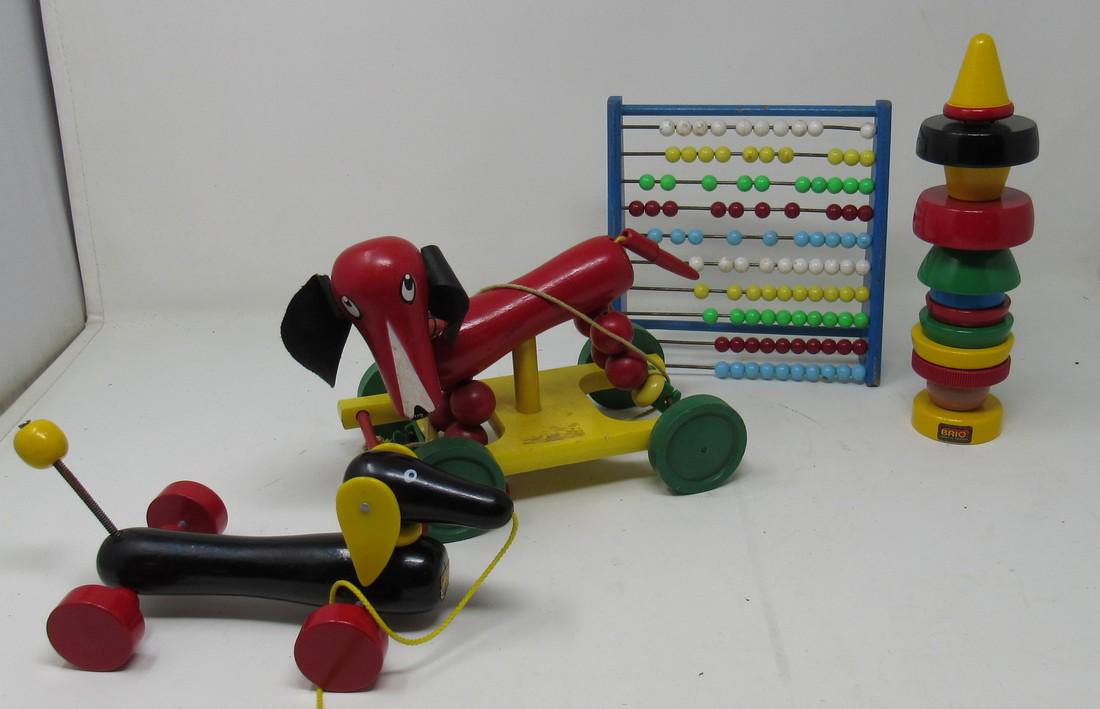 Wooden Toys Incl. Pull Toys and Brio: One on right is marked Brio and is approx 8 3/4" tall