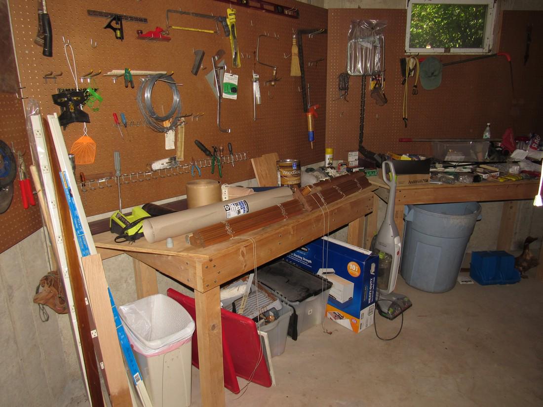 Partial Tool Room Contents with Workbenches: Lot includes all workbenches ( one does not have a top), items on and under benches, and items on pegboard. Largest workbench is approx 24" x 96" x 36" tall. Take what you want and leave the rest