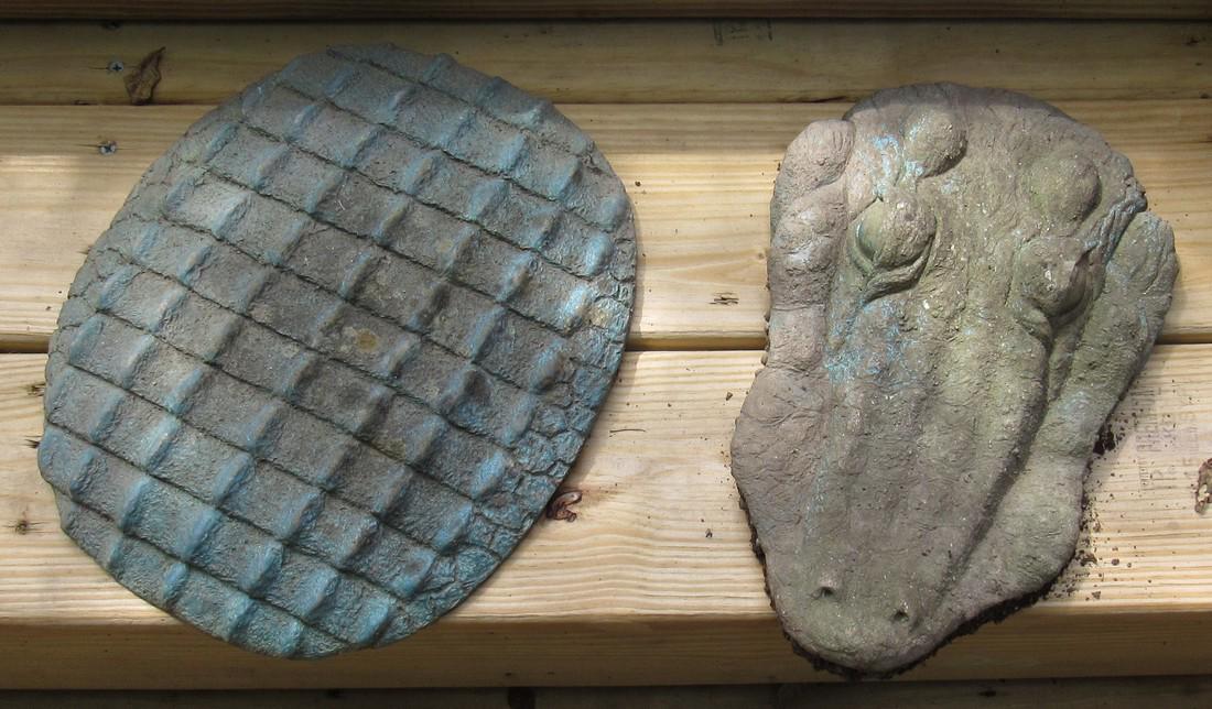 Resin Alligator and Turtle Shell Yard Ornaments: Alligator is approx 8" x 13" x 3 1/2" tall.