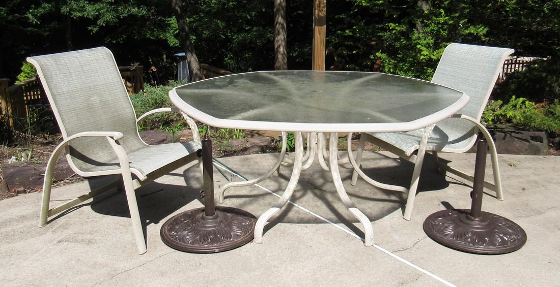 Aluminum Patio Table Chairs and 2 Umbrella Stands: Table is 67" x 67"