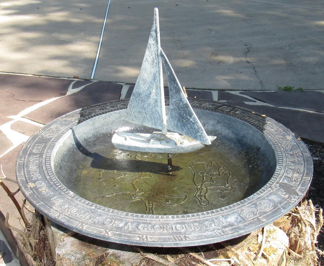 Virginia Metalcrafters Voyager Sailboat Sundial: Approx 17" in diameter and 12" tall. Made of aluminum