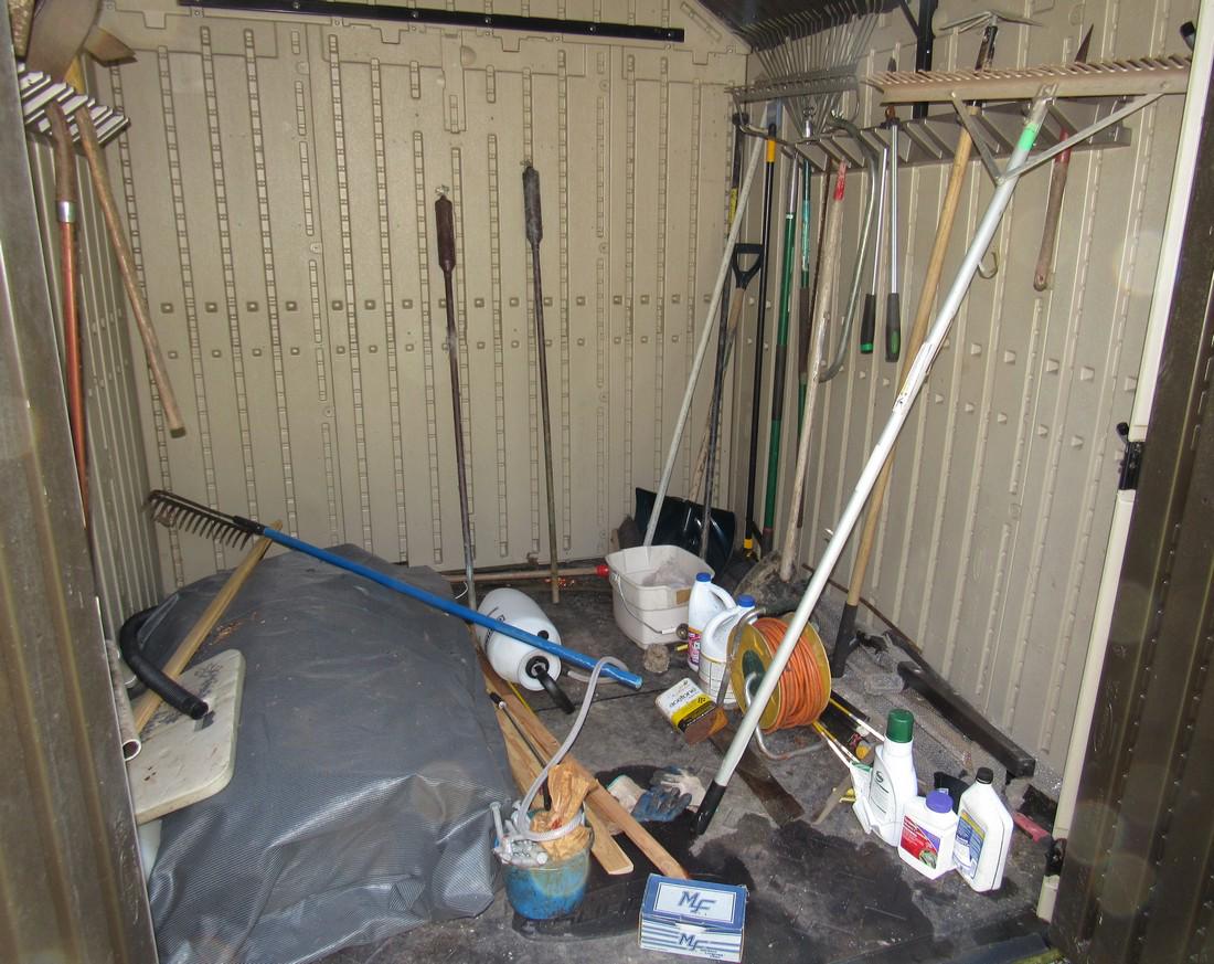 Garden Tools / Partial Contents of Shed: Lot includes all pictured in shed, EXCEPT POOL COVER AND TUBING WRAPPED IN BUBBLE WRAP. Take what you want and leave the rest
