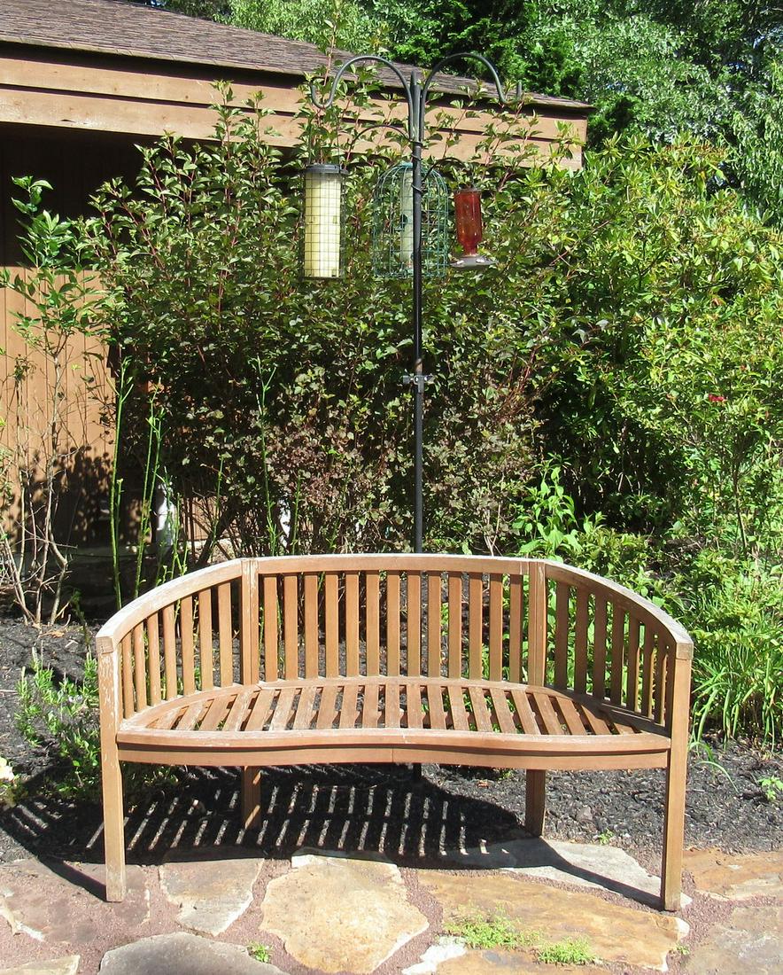 Southern Enterprises Wooden Garden / Patio Bench: Bench is approx 24" x 59" . Includes bird feeders and shepherds hook.