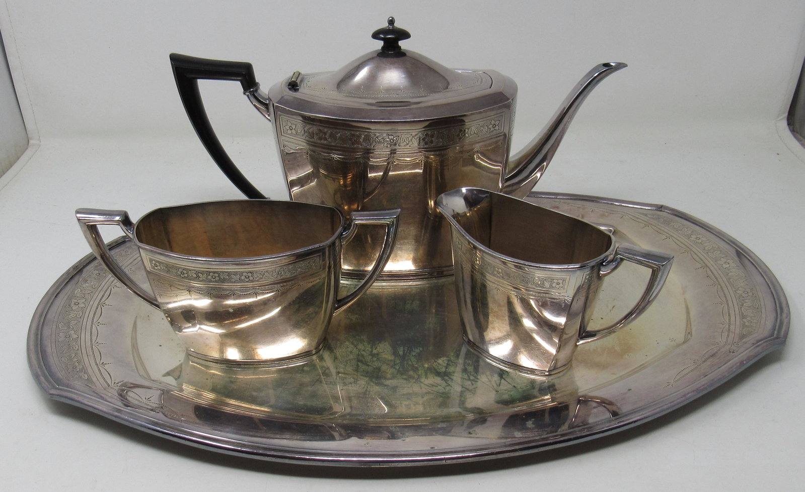 Community Plate Tea Set Teapot Sugar Creamer Platter: Platter is approx 12" x 18 1/2". Also includes misc flatware
