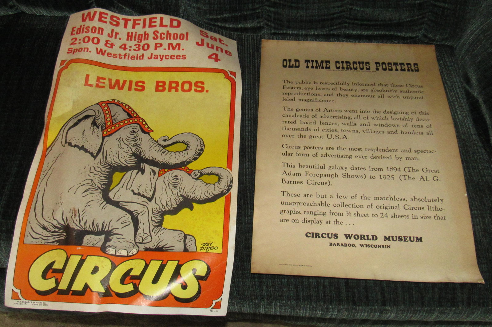 Lewis Bros Westfield NJ & Old Time Circus Posters: Lewis is approx 14" x 22"