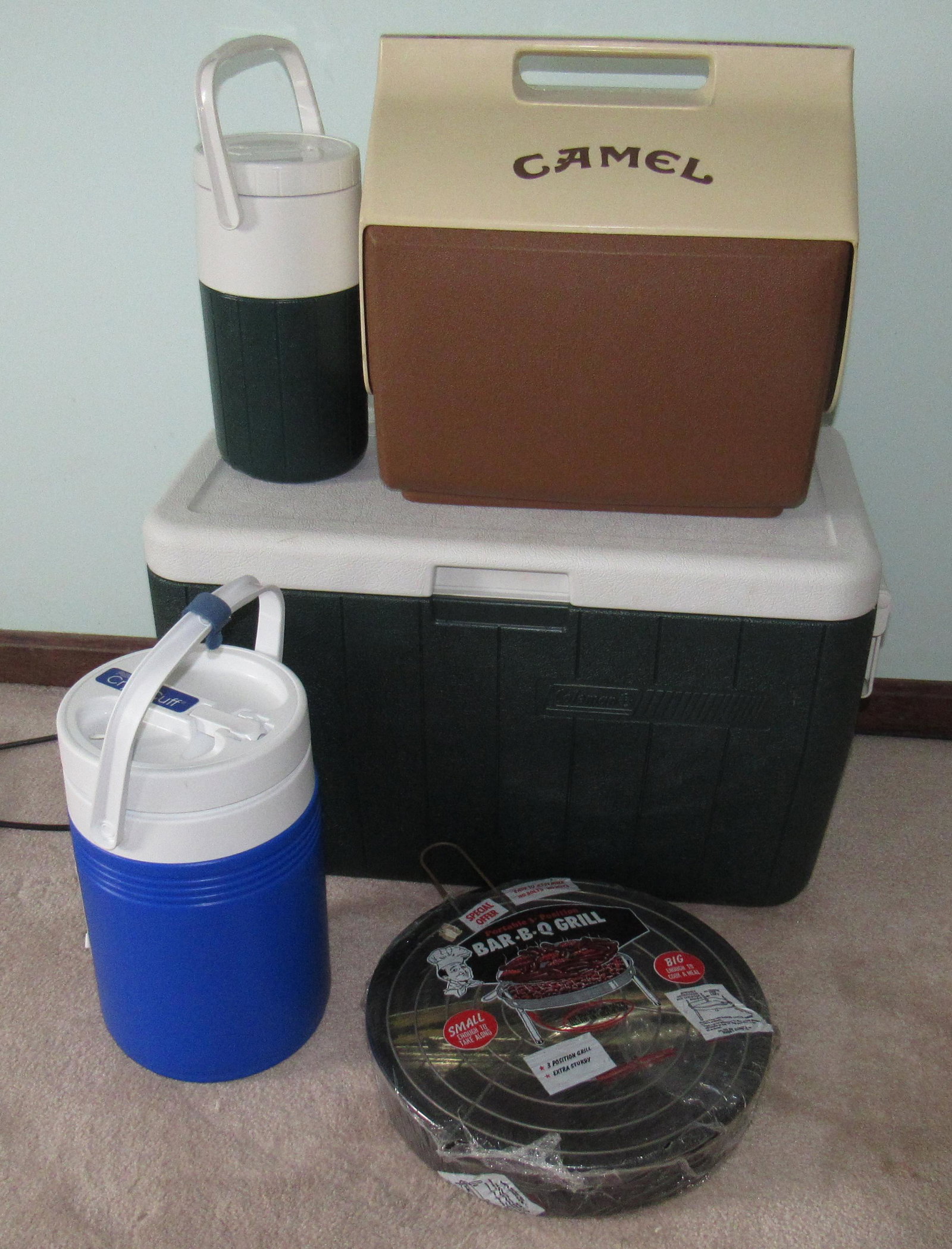Coolers and BBQ Grill: Largest cooler is approx 13" x 24" x 15"