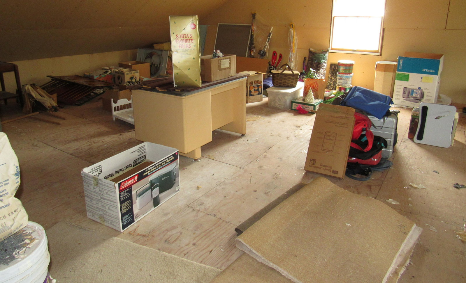 Contents of Attic Room: Lot includes all pictured in room. Designer Purses, Aigner, Vera Bradley, Etc., Camping Equipment, Stuff NIB ! Take what you want and leave the rest