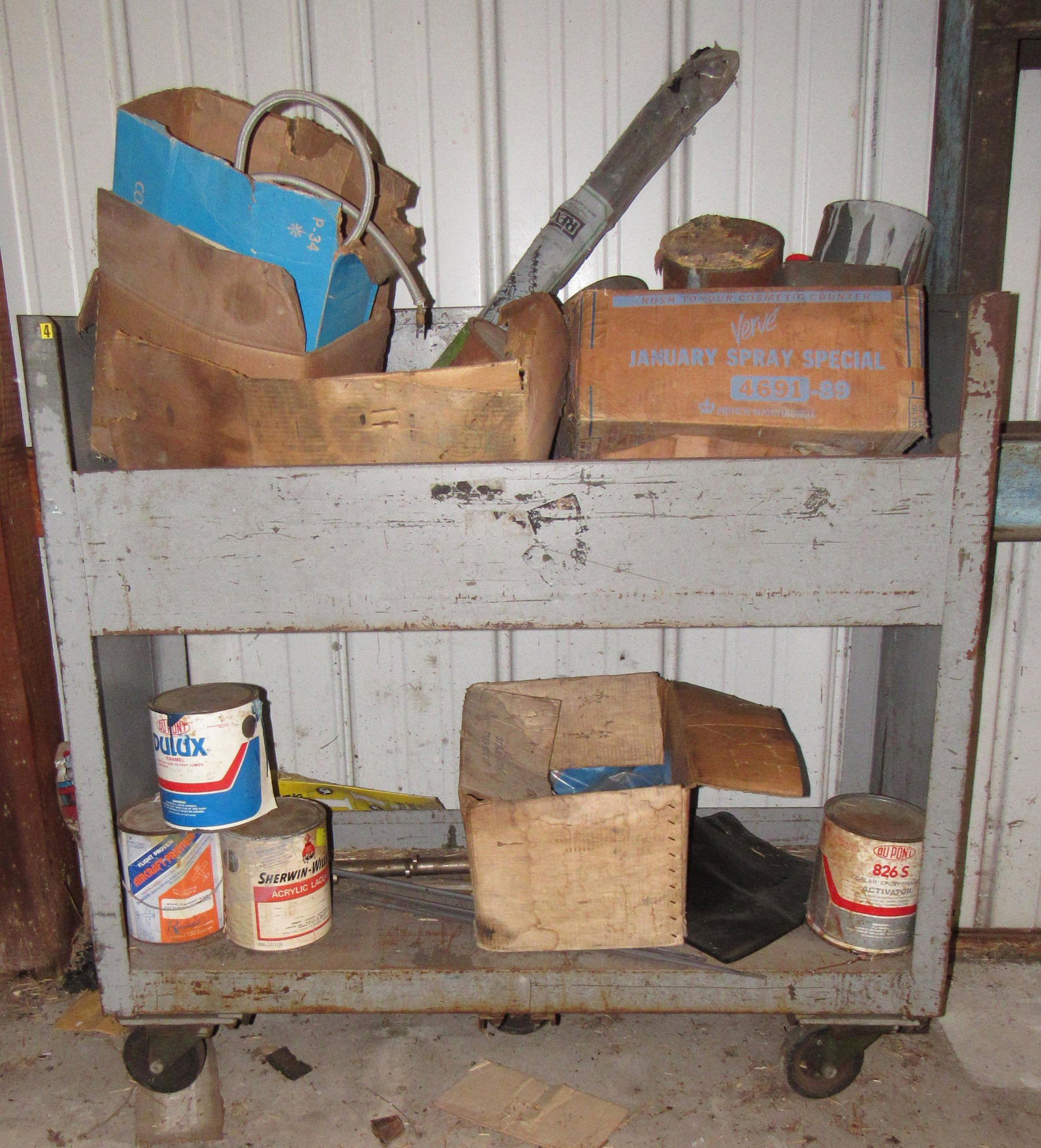 Rolling Metal Shop Cart and Contents: Cart is approx 18" x 50" x 47 1/2" tall
