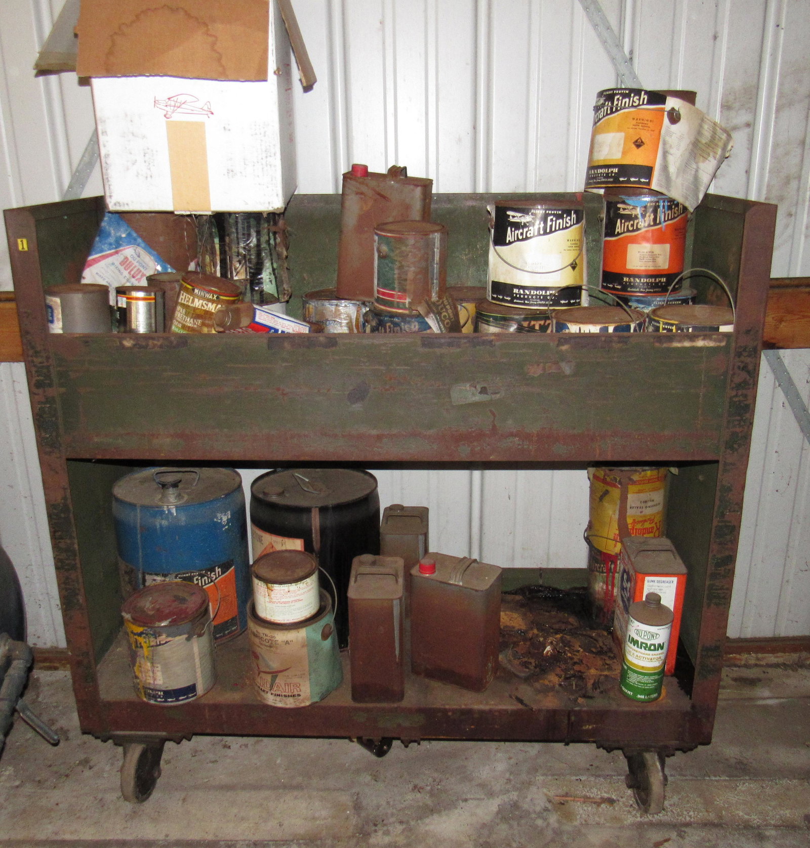 Metal Rolling Shop Cart w/ Airplane Finish Paint Cans: Getting all pictured. Cart is approx 18" x 50" x 47" tall