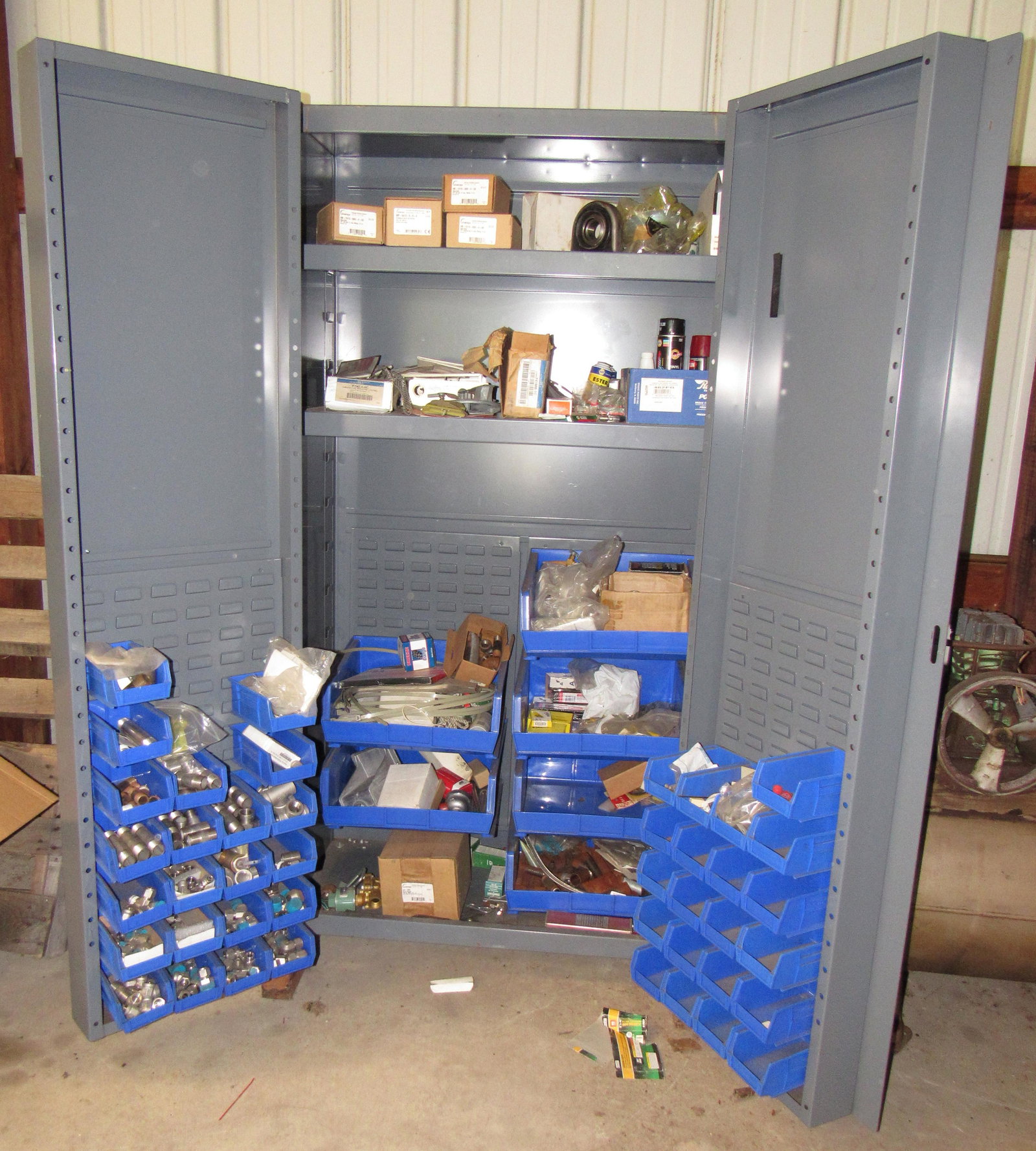 2 Door Metal Cabinet with Pipe Fittings & Misc Parts: Cabinet is approx 24" x 38" x 71 1/2" tall
