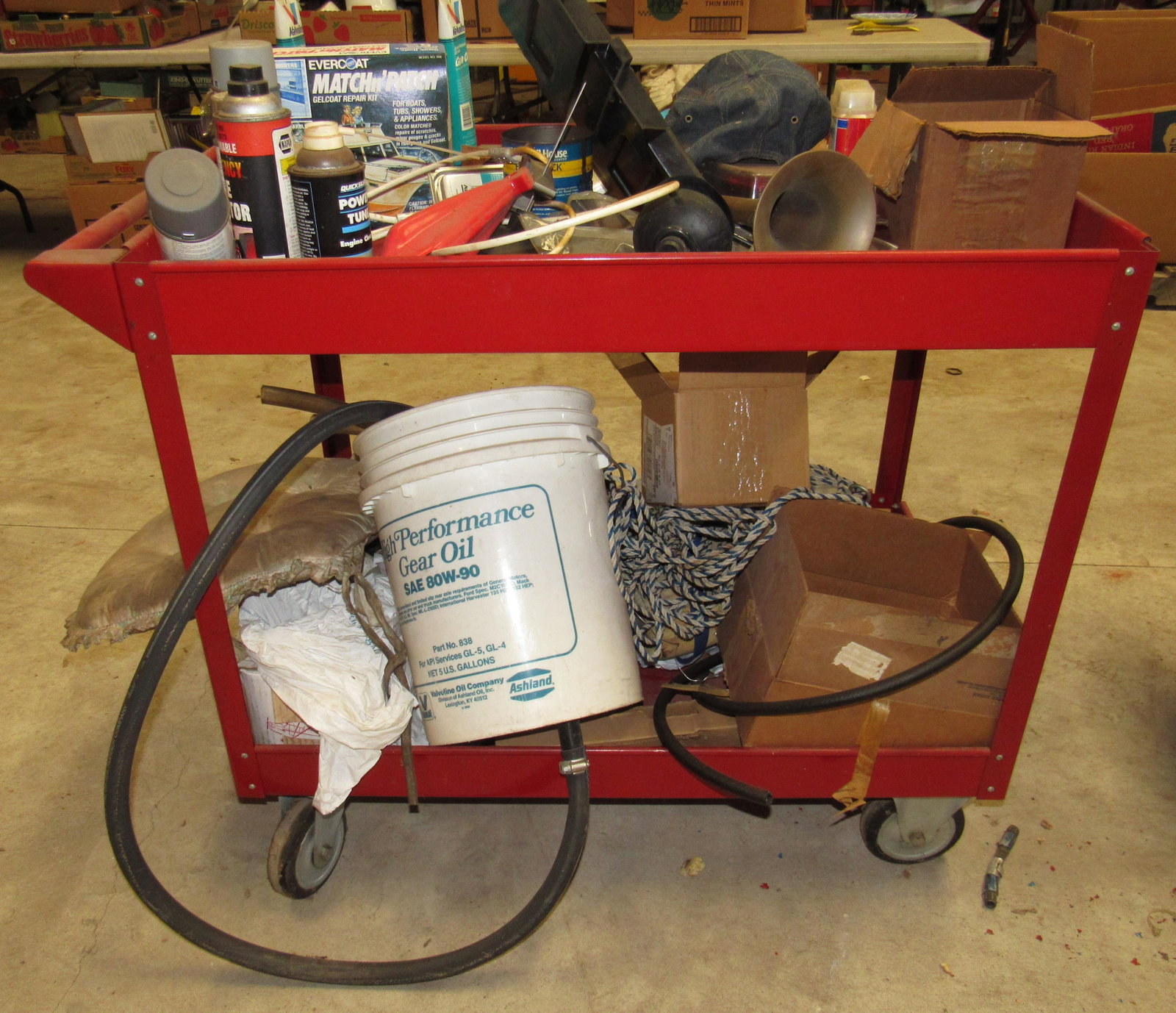 Rolling Shop Cart and Contents: Cart is apprx 24 1/2" x 39 1/2" x 33" tall.