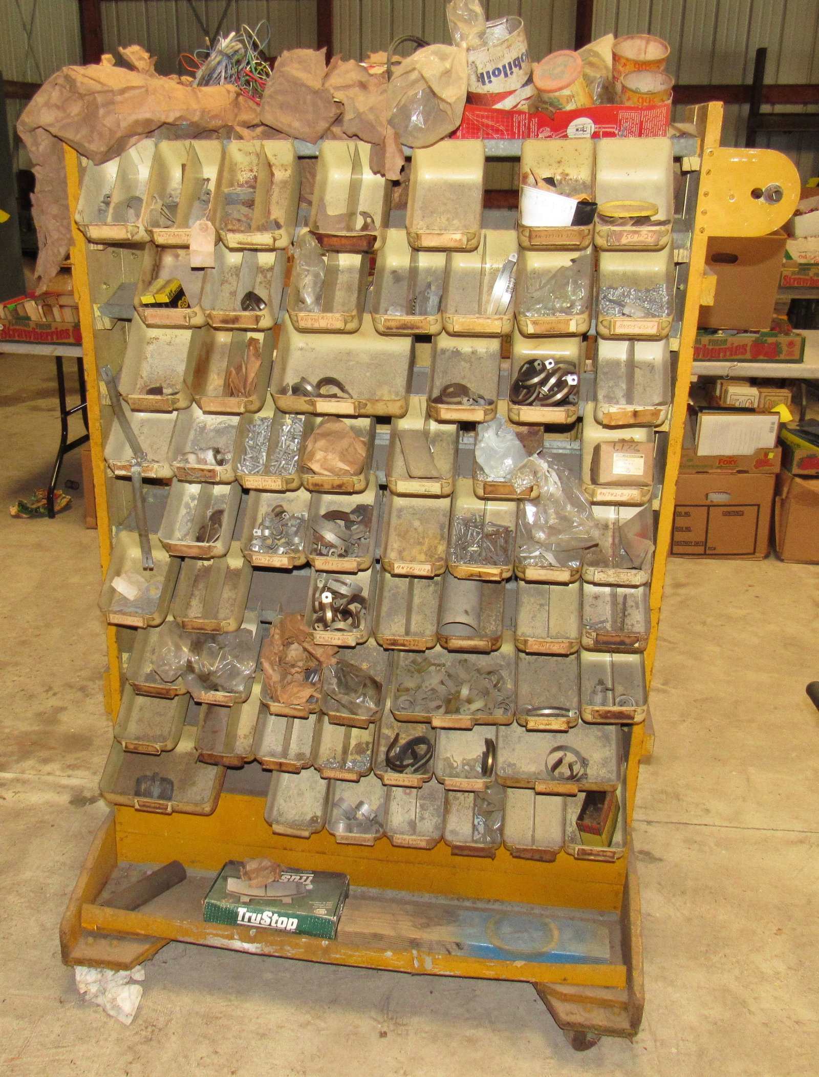 Rolling Parts Bin: Approx 31" x 40" x 59 1/2" tall. Includes all items on it. Made of wood