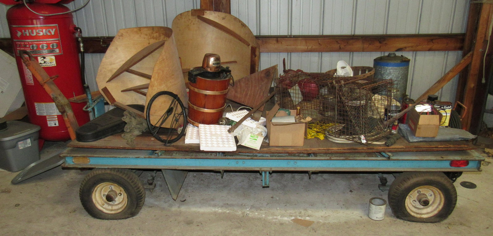 Airline Luggage Cart / Trailer: Approx 52" x 101" x 19" tall. Includes all items on it. DOES NOT INCLUDE COMPRESSOR IN BACKGROUND