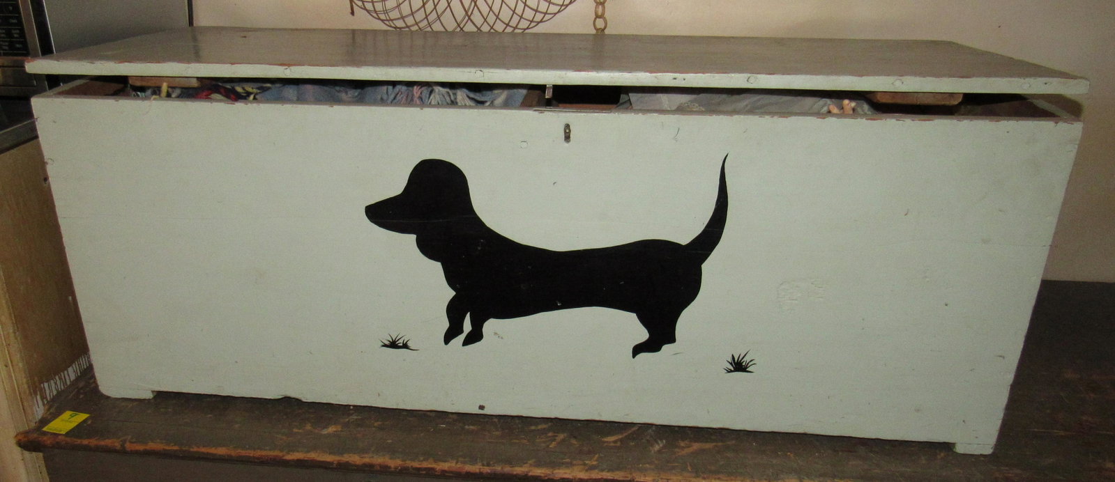 Blue Painted Blanket Chest with Dachshund Dog Dolls: Chest is approx 18" x 48" x 17 3/4" tall. Includes all items in it.