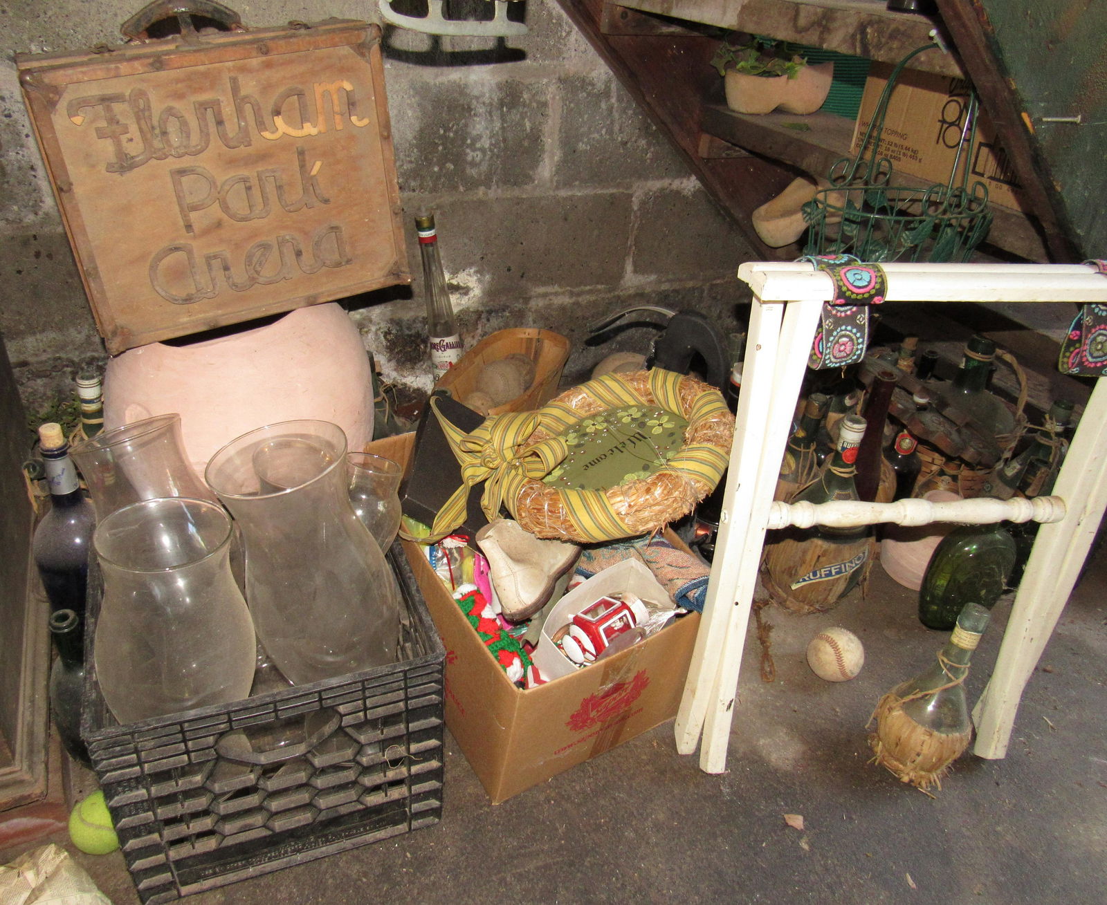Bottles Topper Hurricane Lamp Chimneys & Misc: Lot includes all pictured under steps. DOES NOT INCLUDE ANY ITEMS Hanging from steps