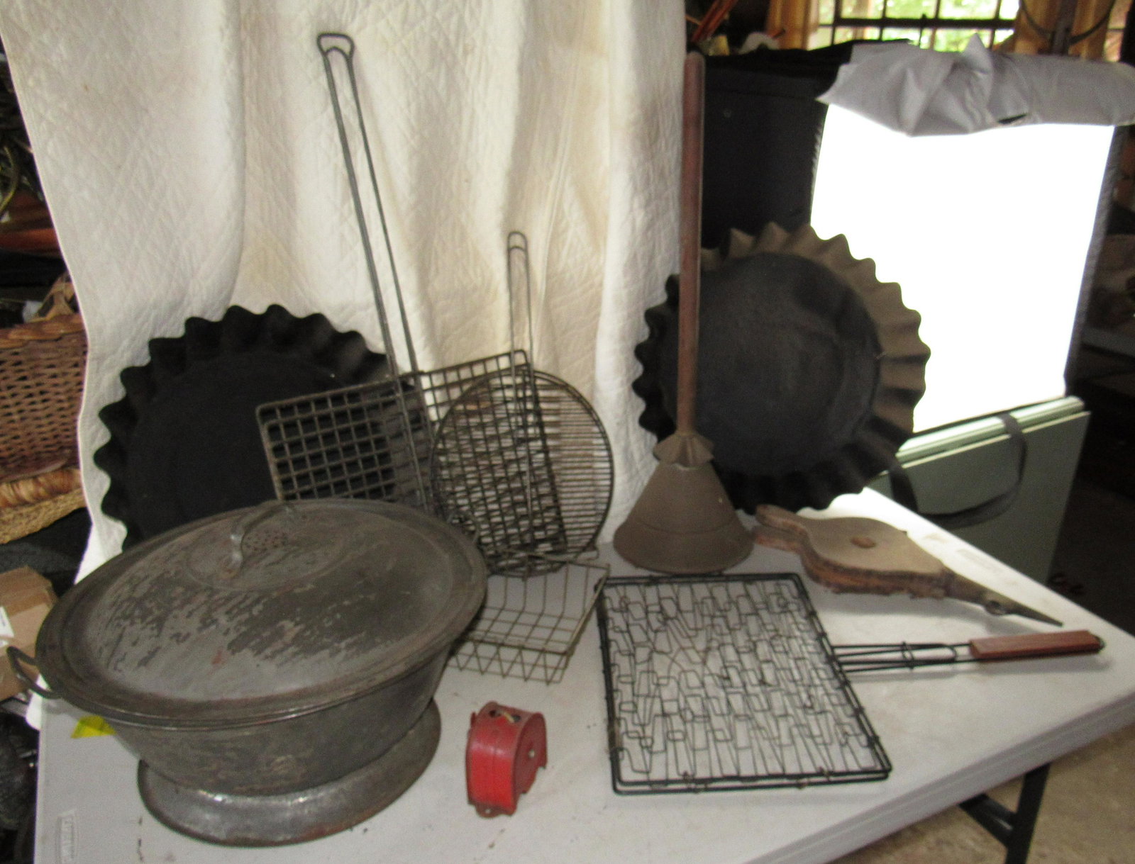 Tinware Pot Grilling Accessories Molds Misc: Getting all pictured on table. Tin pot is approx 16 1/2" in diameter and 12" tall.