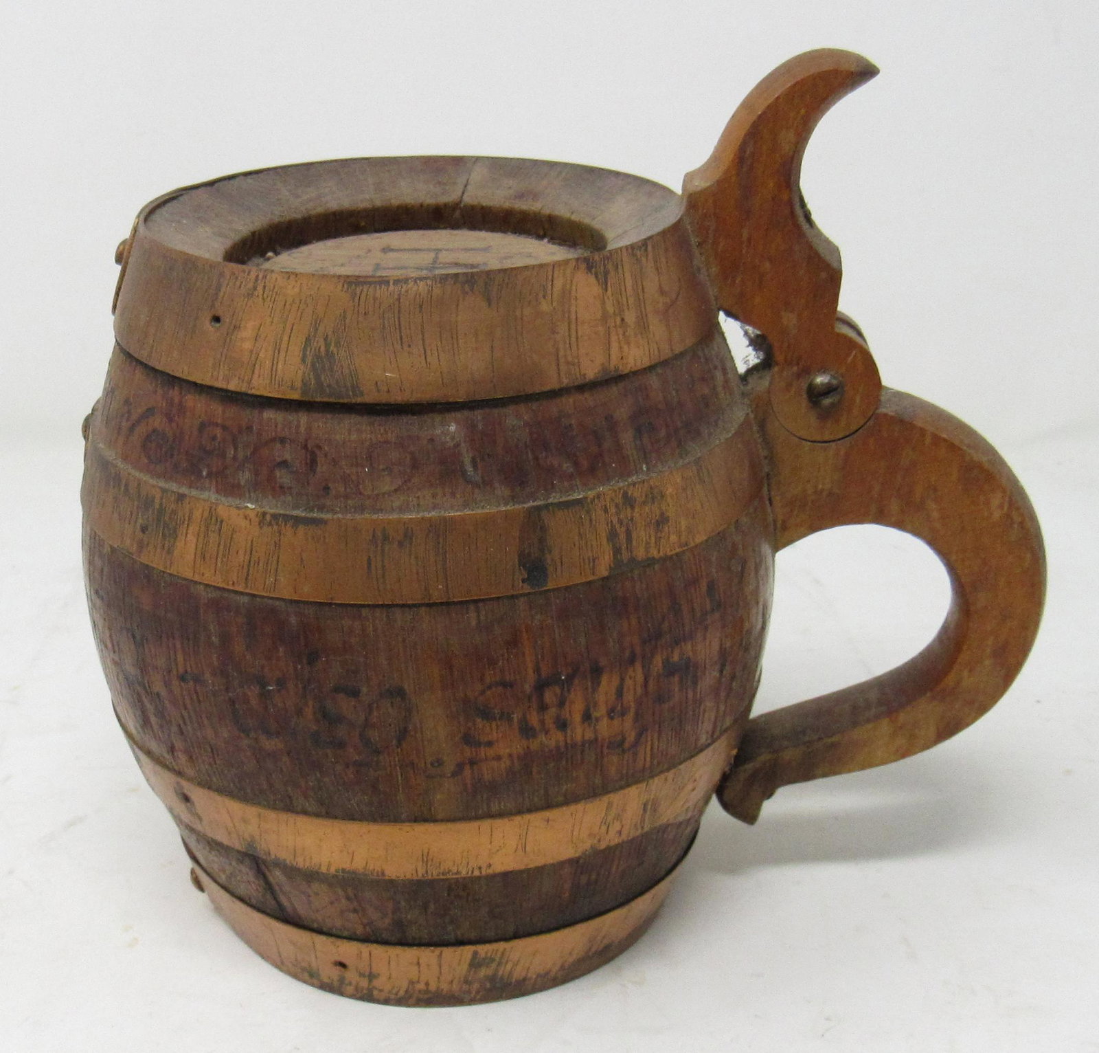Wooden Burn Art Stein with Copper Bands: Approx 4 1/2" in diameter and 5 1/4" tall