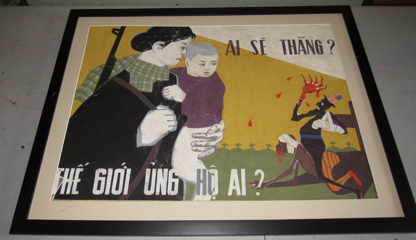 Large Lot of Paintings Prints Picture Frames Vietnam: Getting all pictured under and around table. Vietnam Poster is hand painted. We did not go thru these . They are sold as is , as pictured