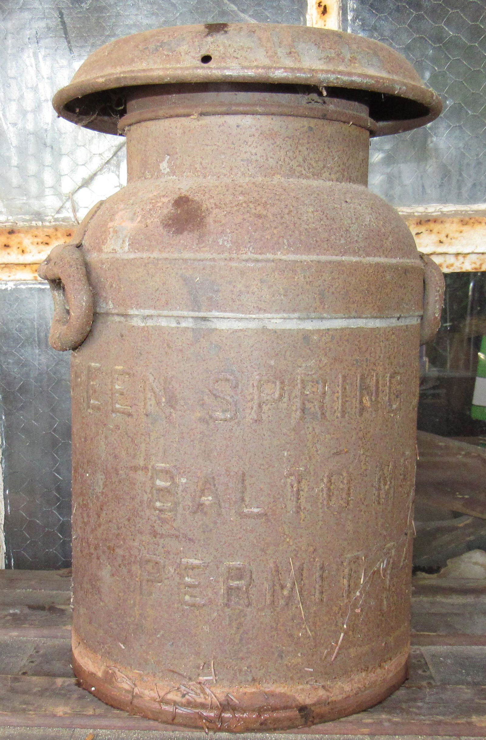 Small Green Spring Dairy Balto Md Milk Can: Approx 9" in diameter and 15 1/2" tall.