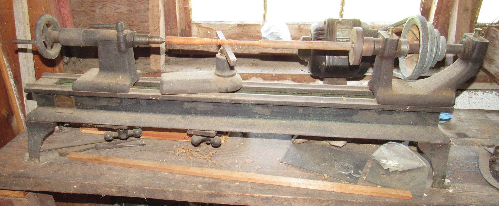Vintage Craftsman Wood Lathe: It will take stock approx 20" long. Total dimensions are approx 6 1/2" x 38 1/4" x 13" tall. BUYER MUST REMOVE FROM WORK BENCH