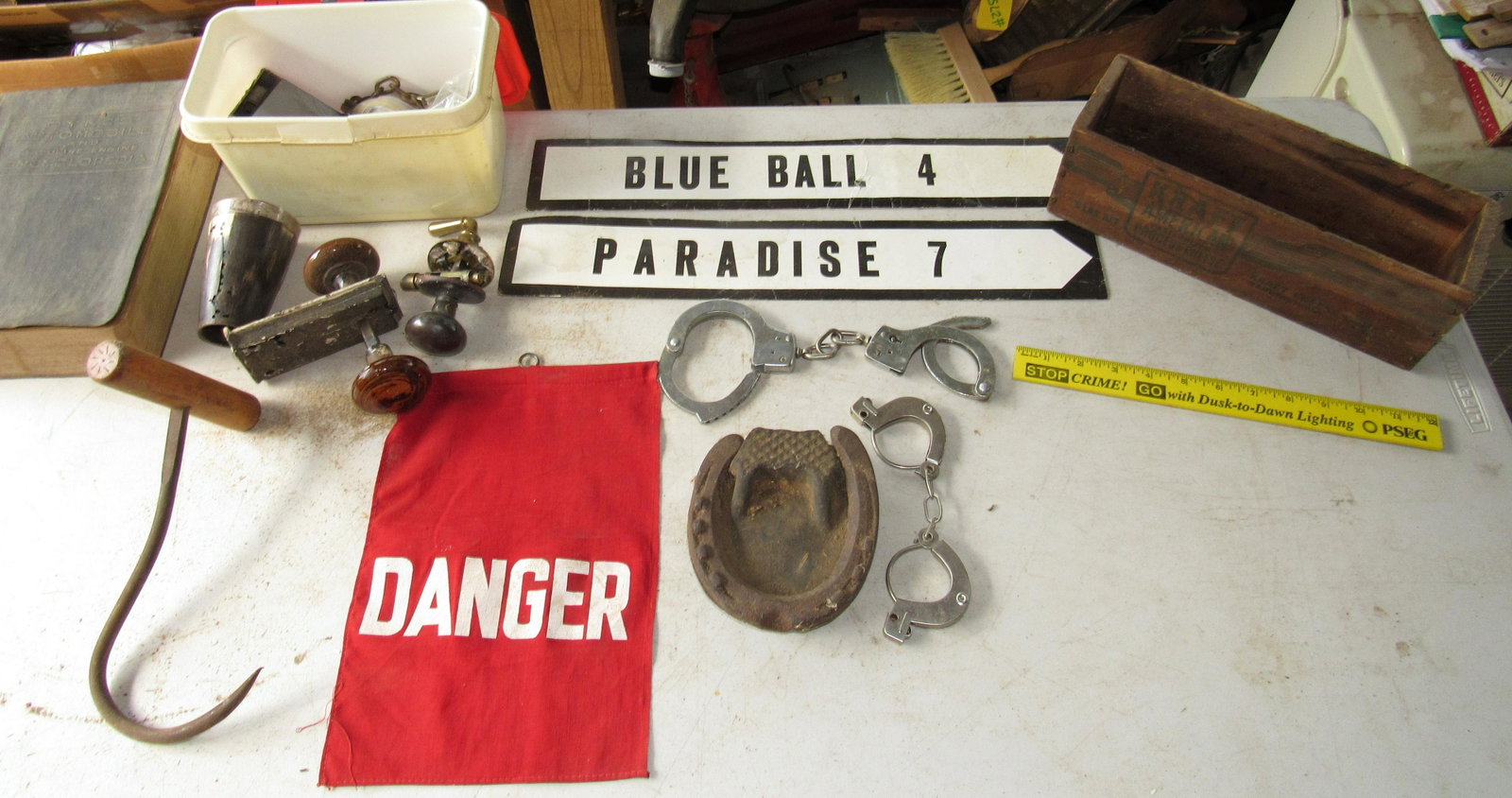Paradise Blue Ball Signs Cheese Box Danger Sign Hay: Signs are cardboard . Getting all on table