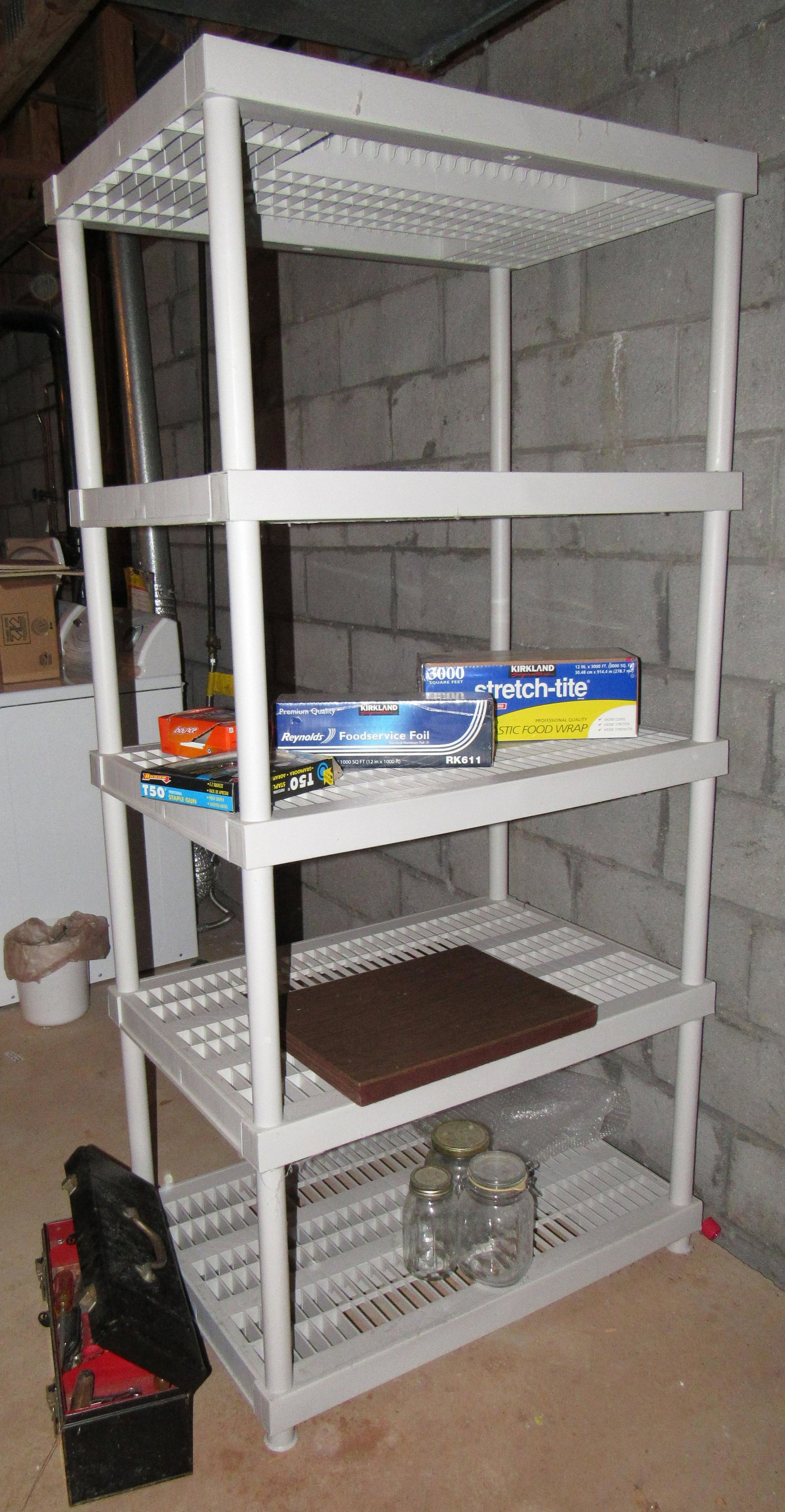 Plastic Shelf Tool box Staple Gun & Misc: Lot include shelf ( 24" x 36" x 74" tall ) and all items on it.