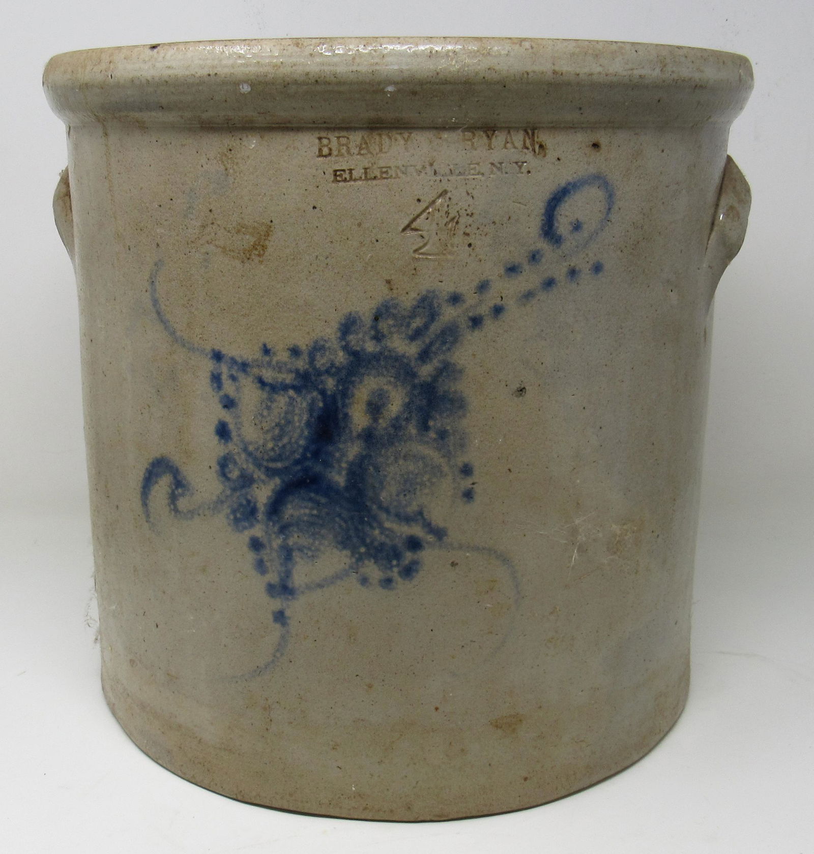 Brady & Ryan 4 Gallon Blue Decorated Stoneware Crock: Approx 11 3/4" in diameter and 11 1/2" tall