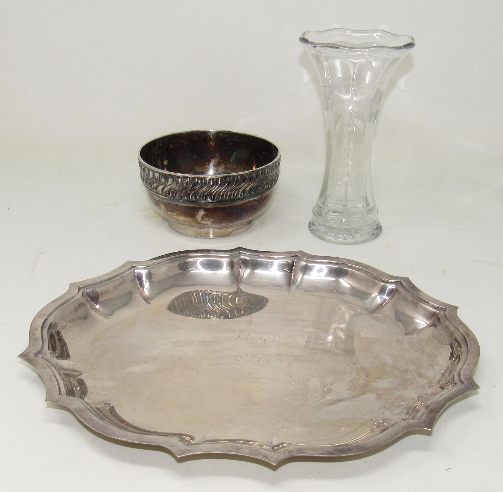 Holmes Silverplate Bowl 1971 DCHS Platter & Vase: Bowl is approx 4 3/4" in diameter and 2 1/2" tall