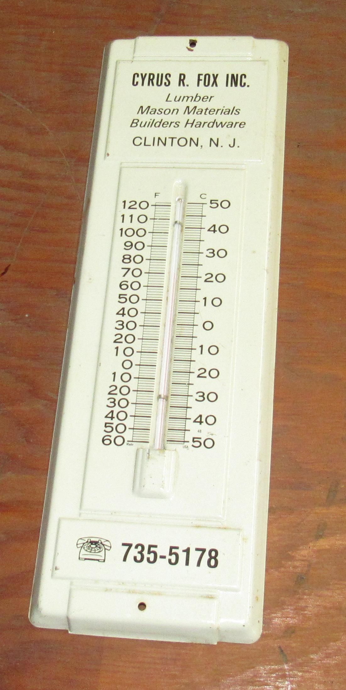 Fox Lumber Clinton NJ Thermometer: Apprx 4 1/2" x 14" . Made of metal