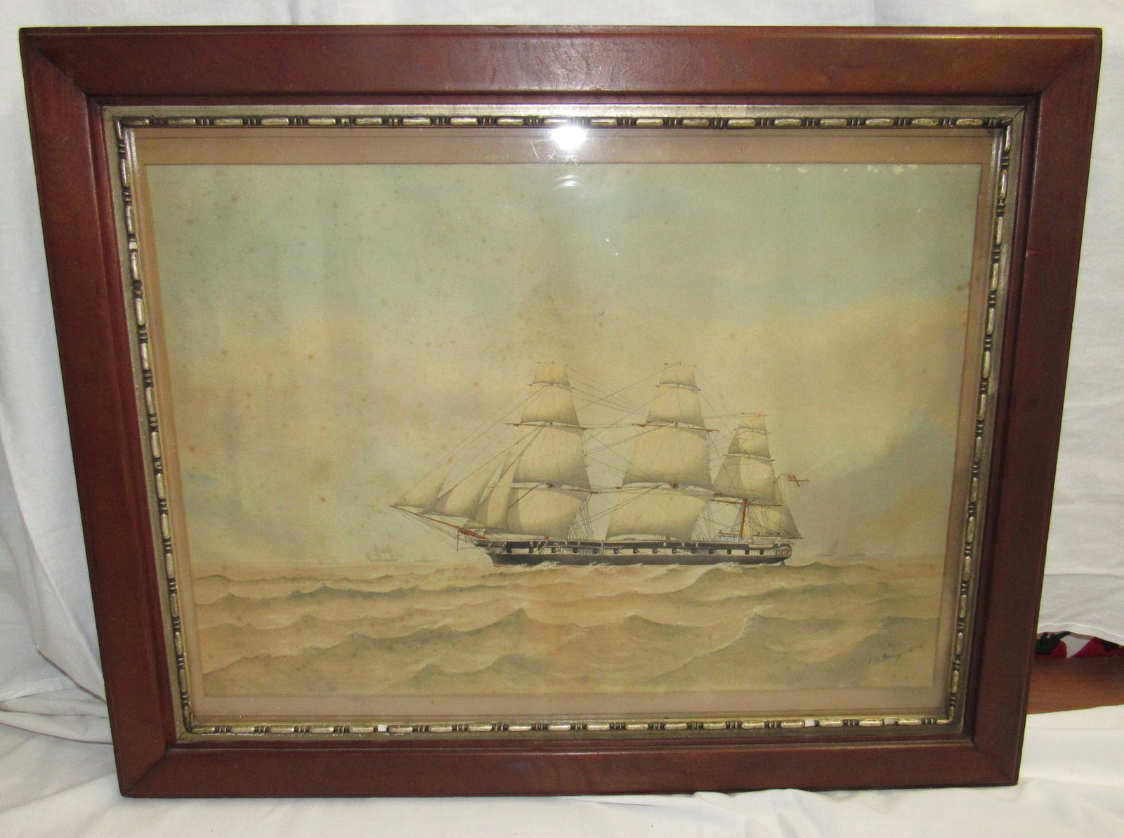 JD Moxey 1872 Old English Frigate Ship Watercolor: Approx 17" x 21"
