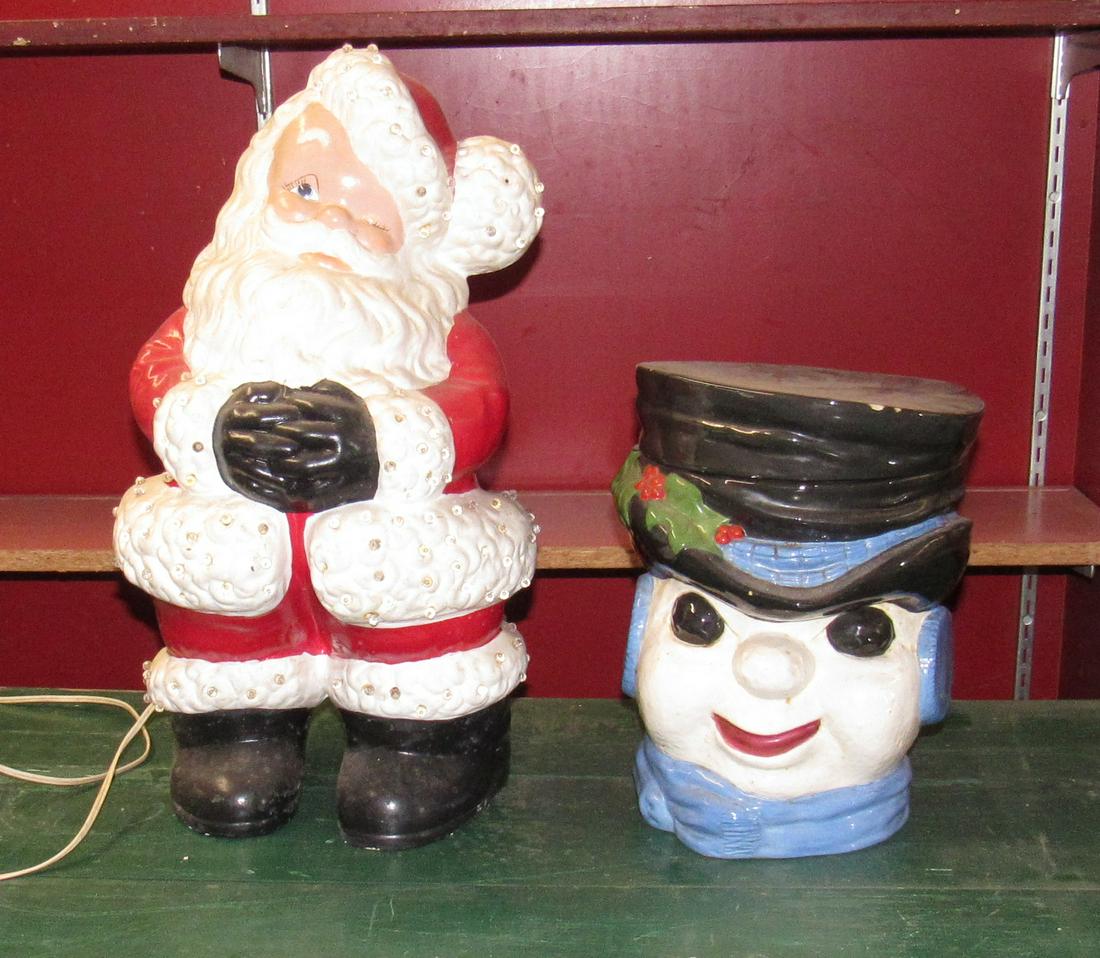 Large Lighted Ceramic Santa Claus: Approx 20" tall and lighted . Sold untested. Also includes snowman cookie jar, but has chip on edge of hat.
