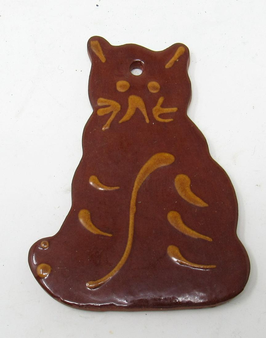 Foltz Pottery Redware Cat Christmas Ornament: Apprx 2 3/4" x 4" tall