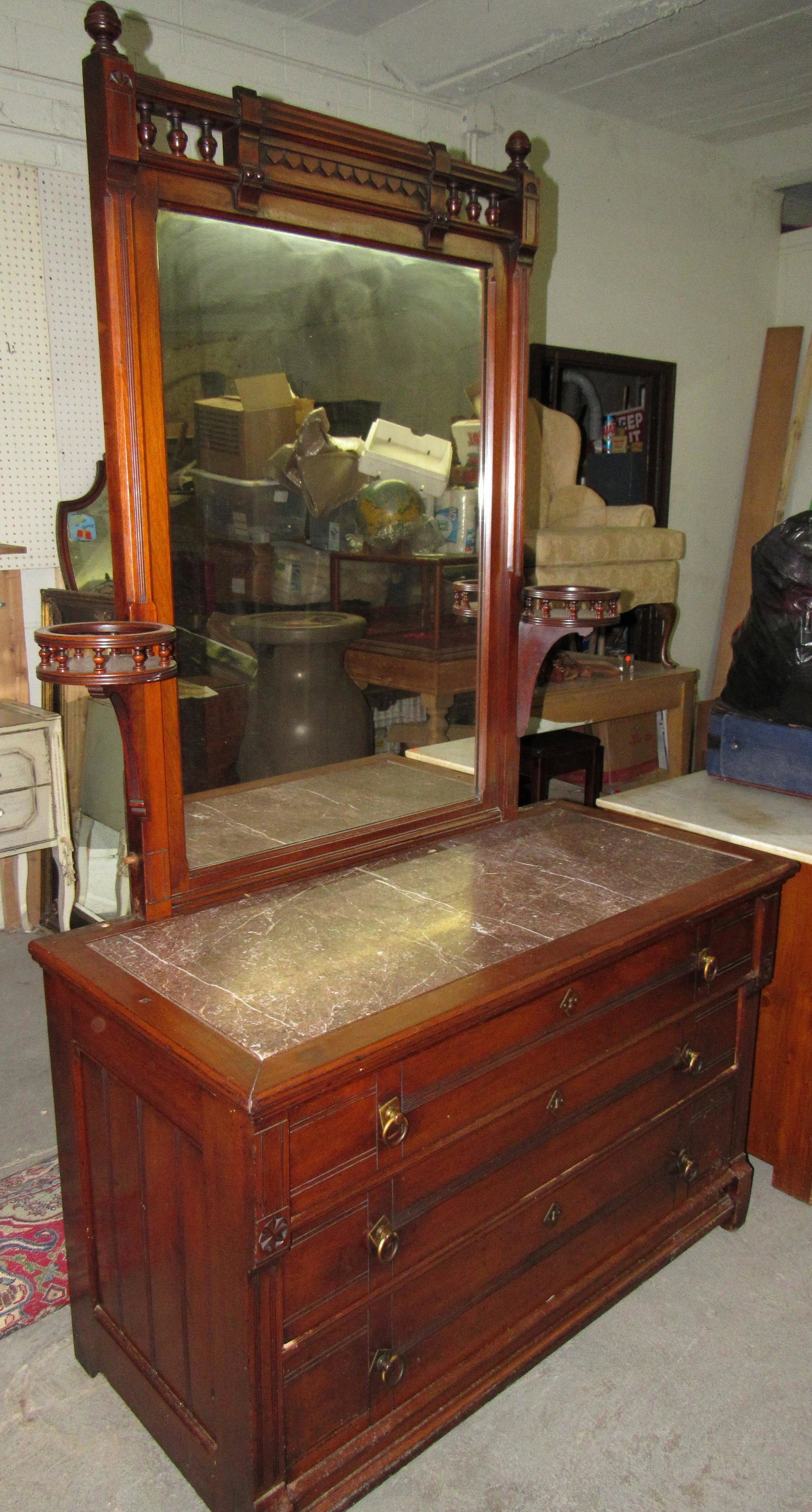 Eastlake Marble Top Dresser With Bed: Dresser is approx 23" x 48" x 82" tall. Headboard is approx 60" wide and 69 1/2" tall